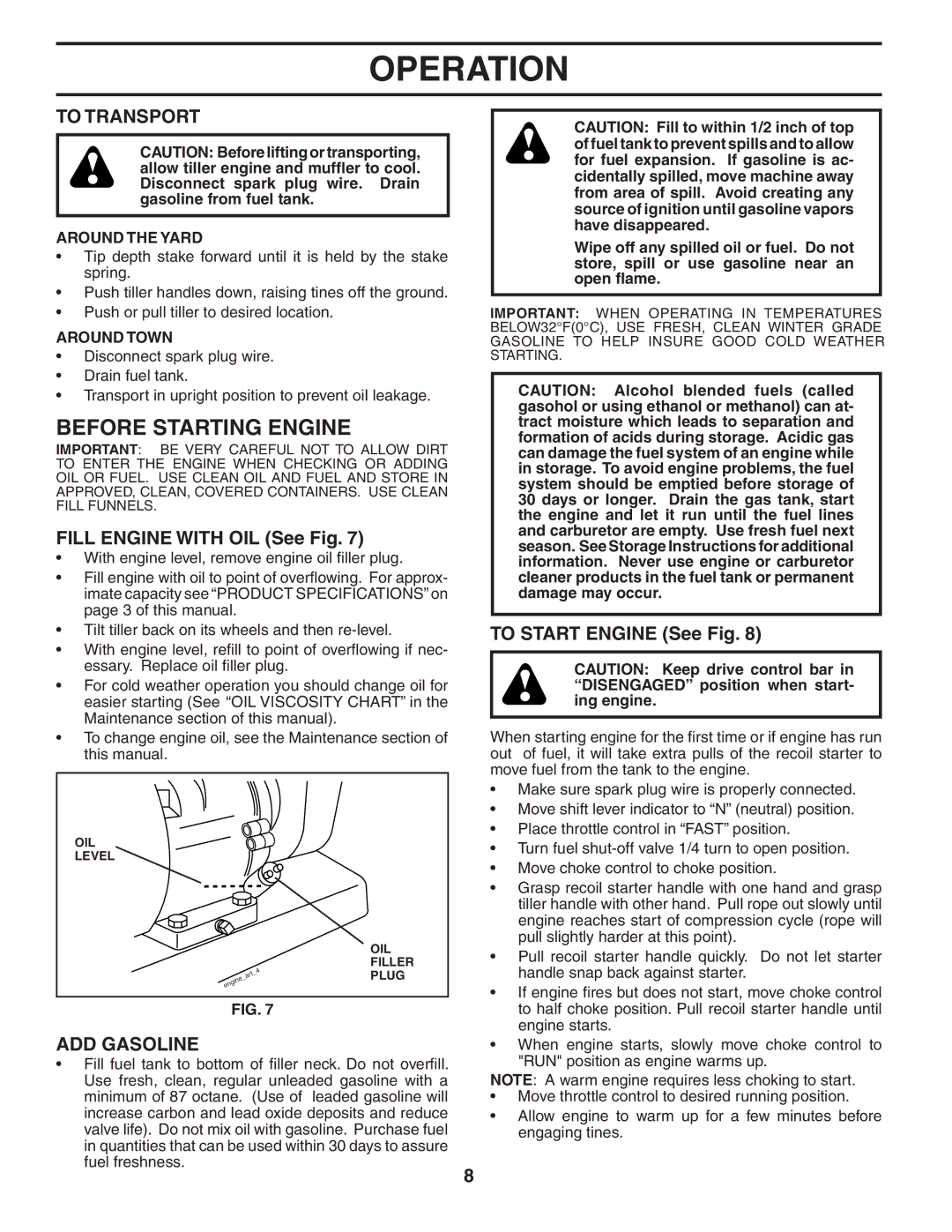 Poulan 403661 Before Starting Engine, To Transport, Fill Engine with OIL See Fig, ADD Gasoline, To Start Engine See Fig 