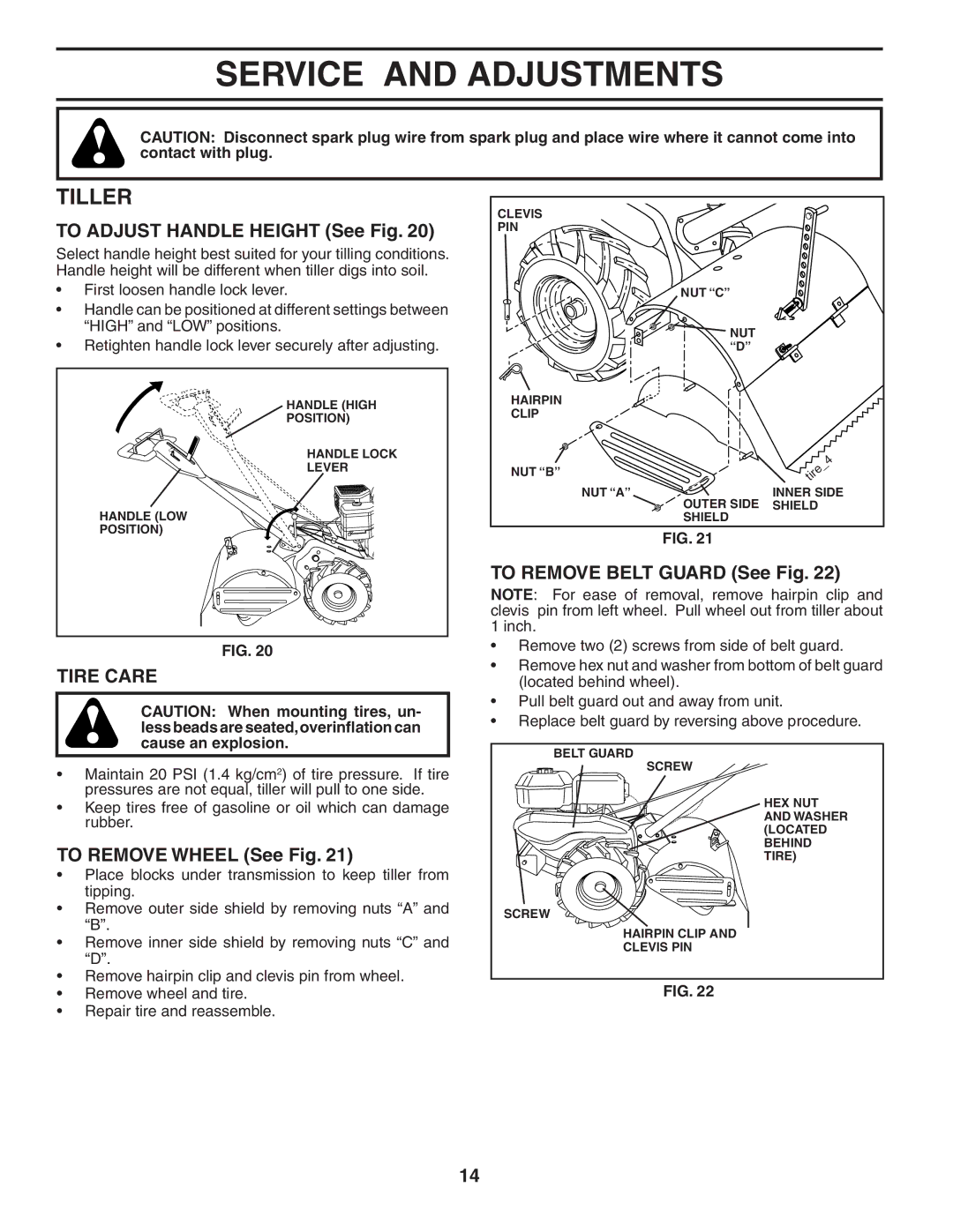 Poulan 403701, 96092001200 owner manual Service and Adjustments, Tiller, Tire Care 