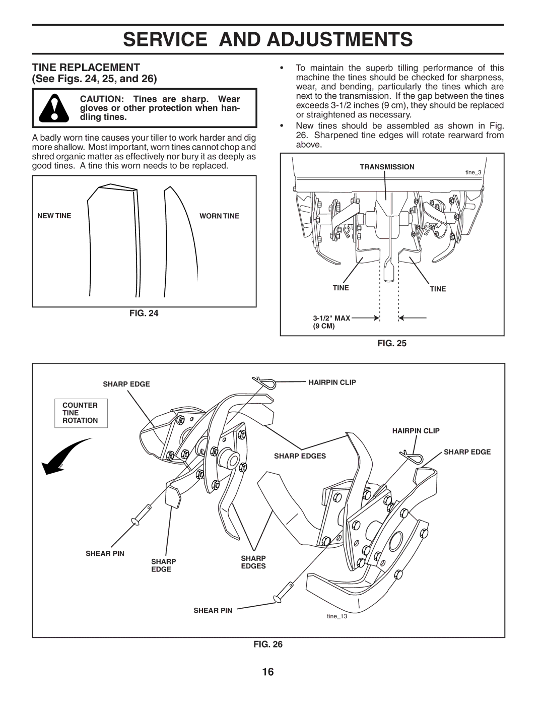 Poulan 403701, 96092001200 owner manual Tine Replacement See Figs , 25 