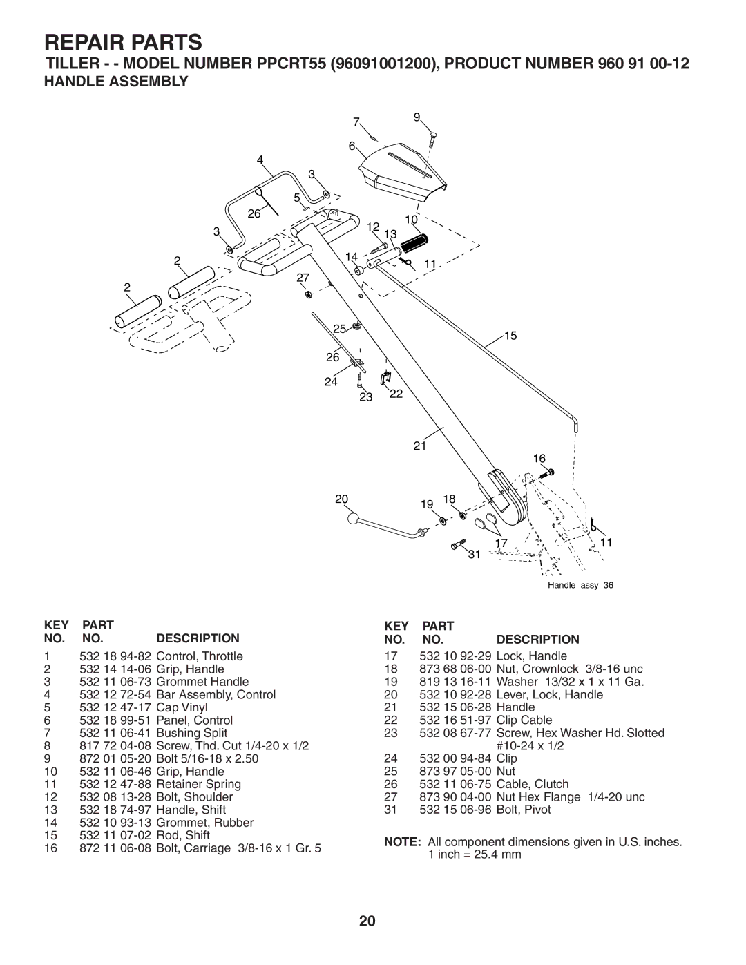 Poulan 403701, 96092001200 owner manual Repair Parts, Handle Assembly 