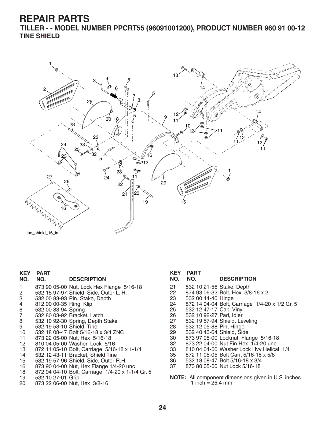 Poulan 403701, 96092001200 owner manual Tine Shield 