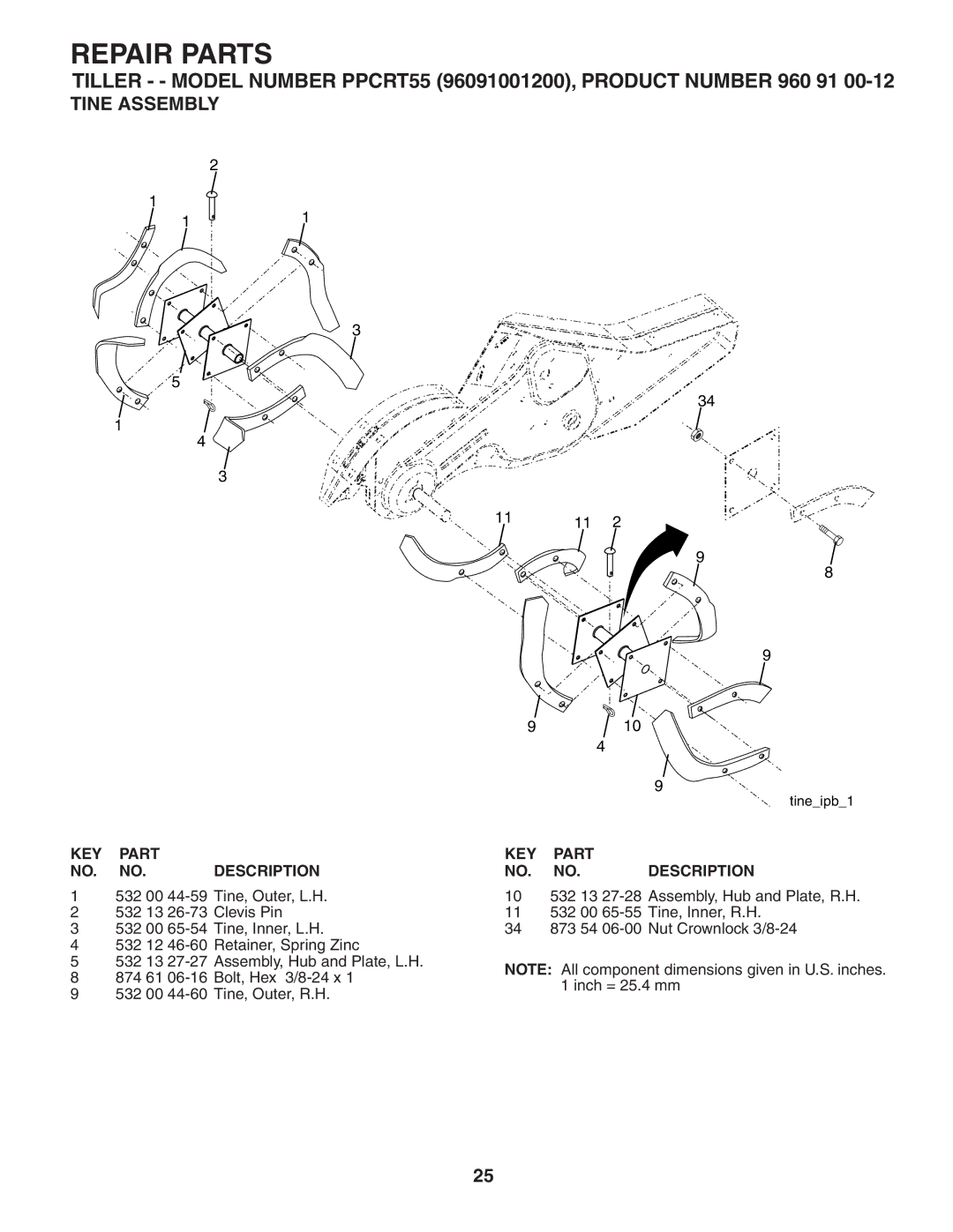 Poulan 96092001200, 403701 owner manual Tine Assembly 