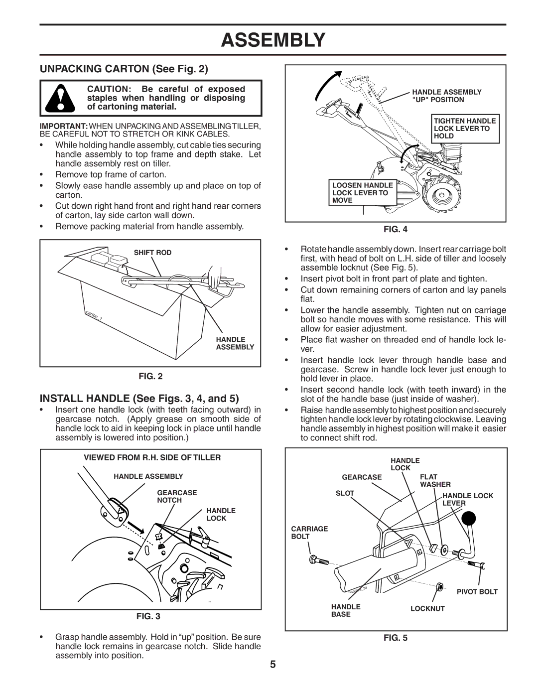 Poulan 96092001200, 403701 owner manual Unpacking Carton See Fig, Install Handle See Figs , 4 