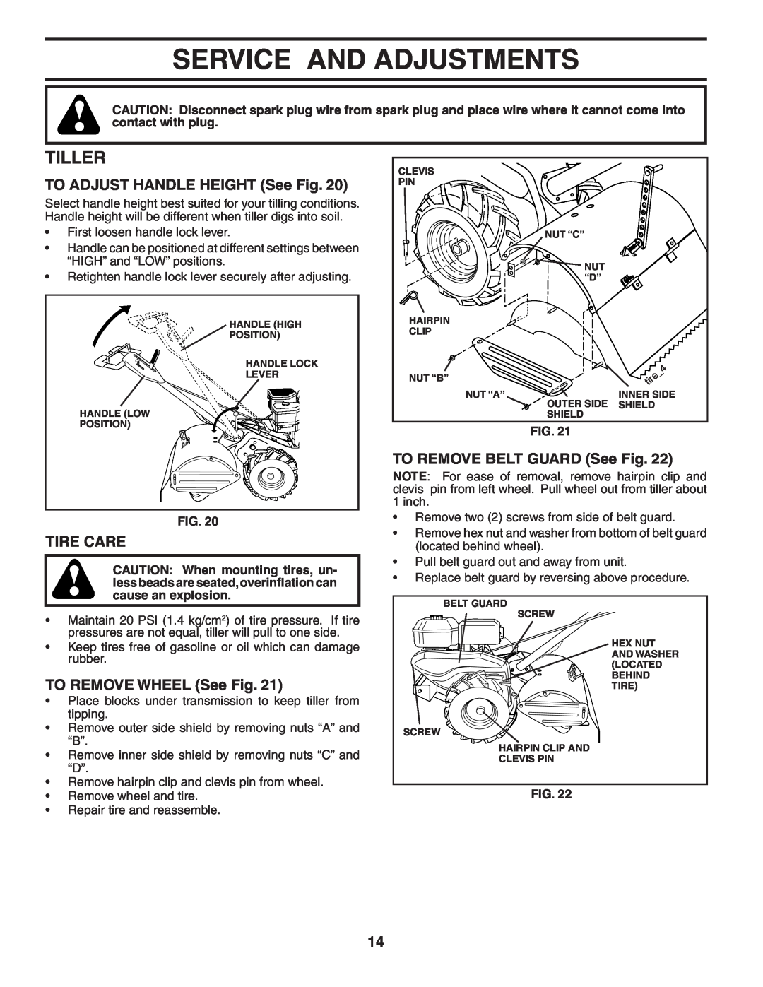 Poulan 403701 Service And Adjustments, Tiller, TO ADJUST HANDLE HEIGHT See Fig, Tire Care, TO REMOVE WHEEL See Fig 