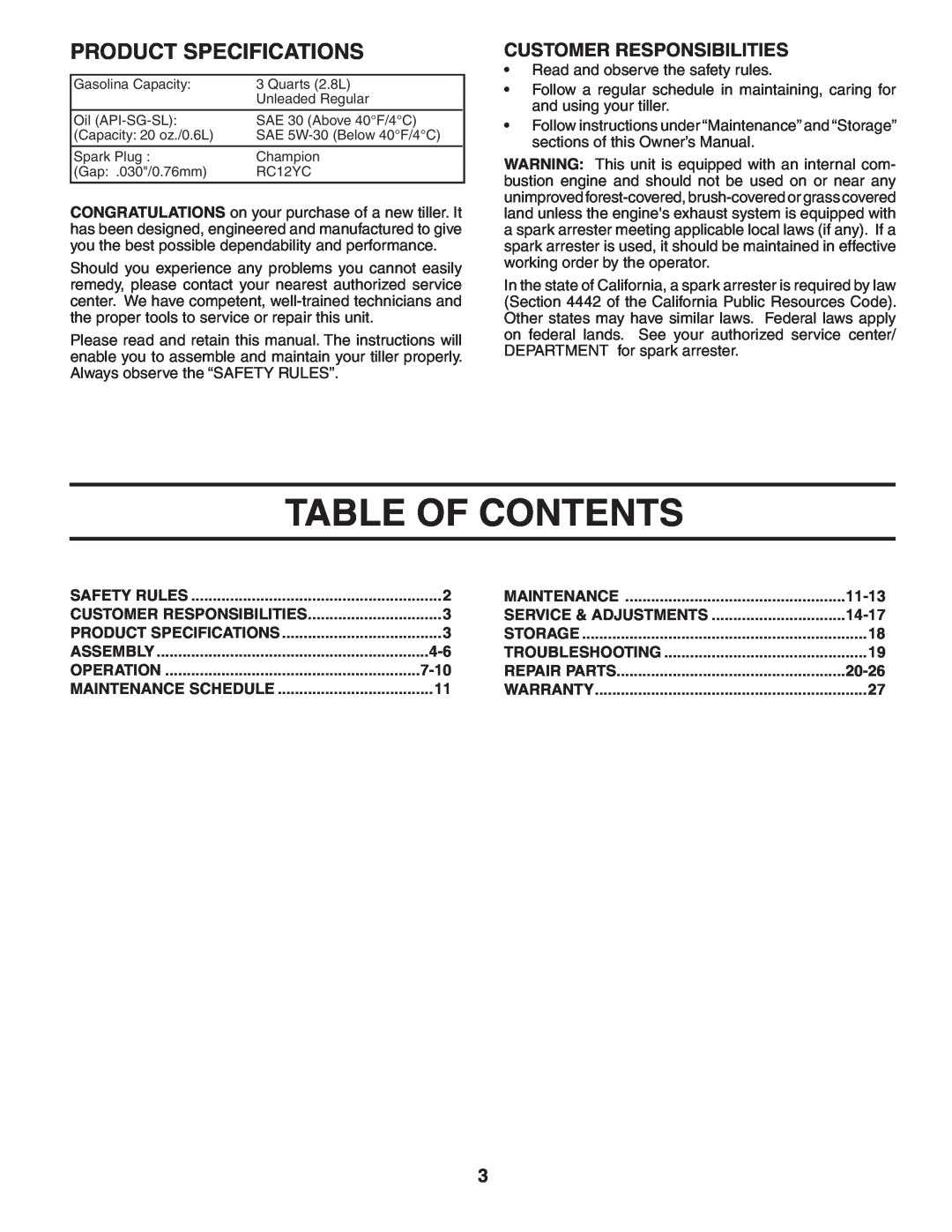 Poulan 96092001200, 403701 owner manual Table Of Contents, Product Specifications, Customer Responsibilities 