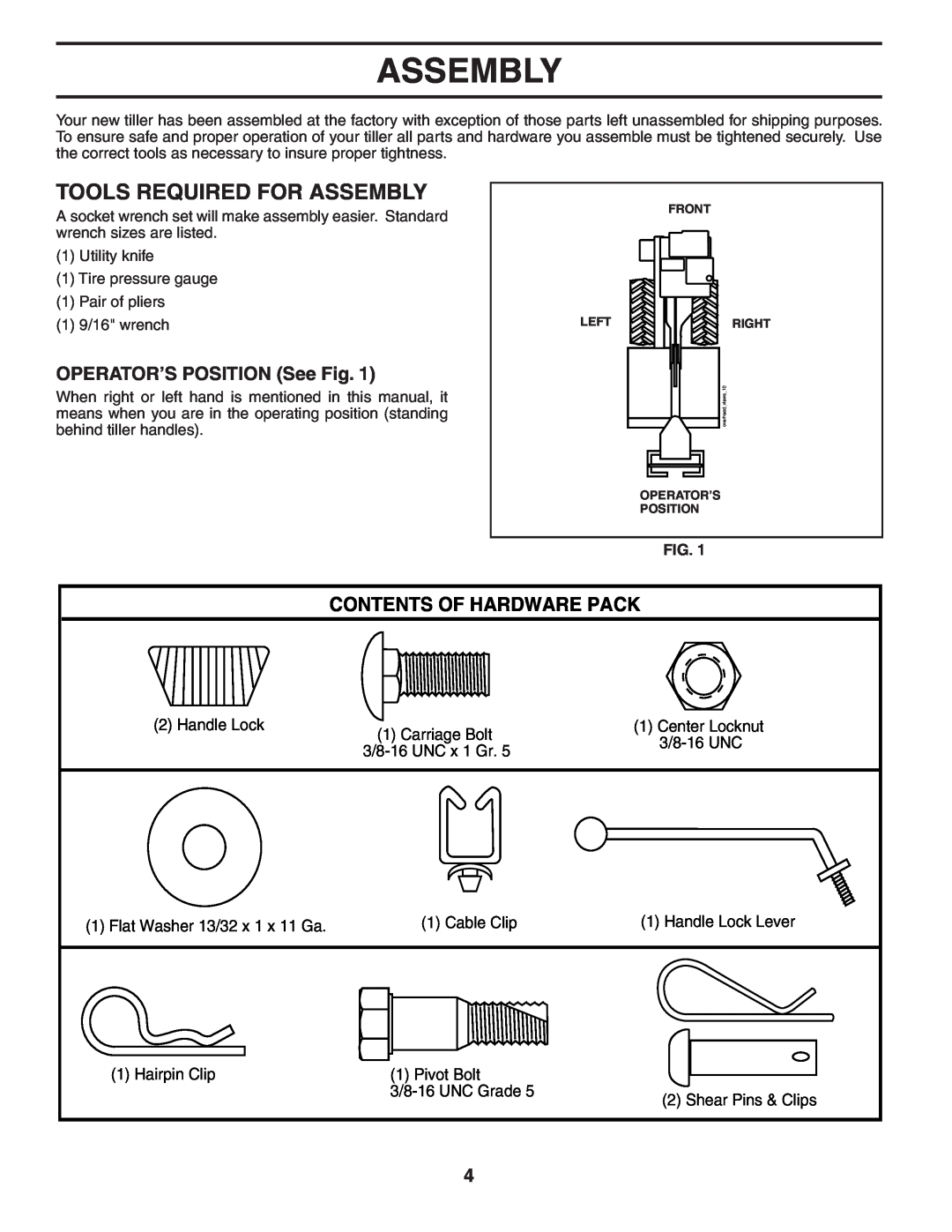 Poulan 403701 Tools Required For Assembly, Contents Of Hardware Pack, OPERATOR’S POSITION See Fig, Handle Lock 
