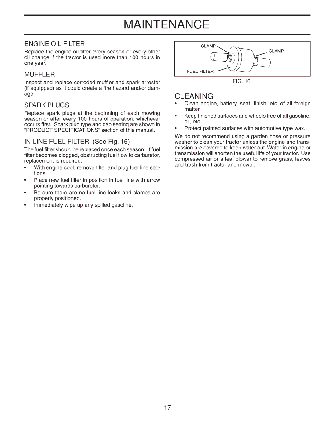 Poulan 403808 manual Cleaning, Engine OIL Filter, Muffler, Spark Plugs, IN-LINE Fuel Filter See Fig 