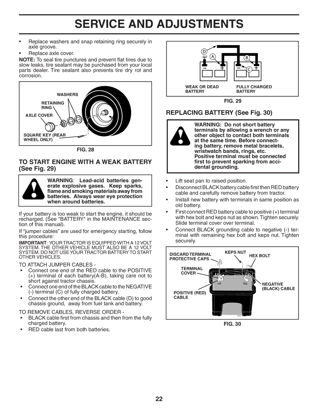 Poulan 403808 manual To Start Engine with a Weak Battery See Fig, Replacing Battery See Fig, To Attach Jumper Cables 