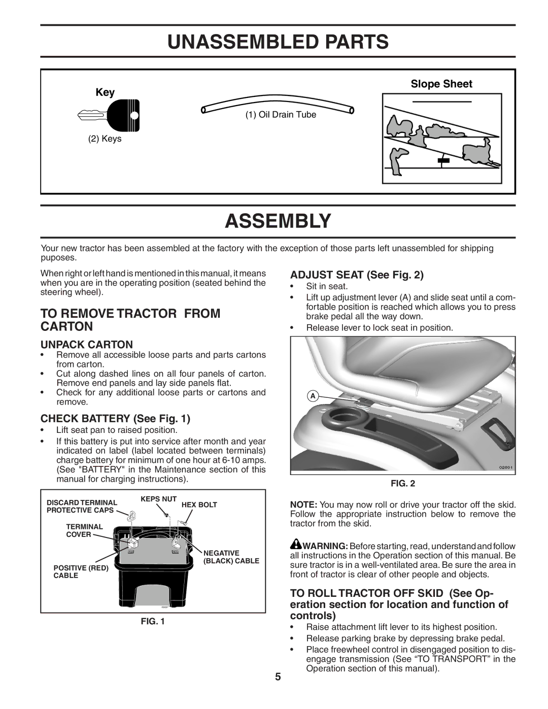 Poulan 403808 manual Unassembled Parts, Assembly, To Remove Tractor from Carton, Unpack Carton 