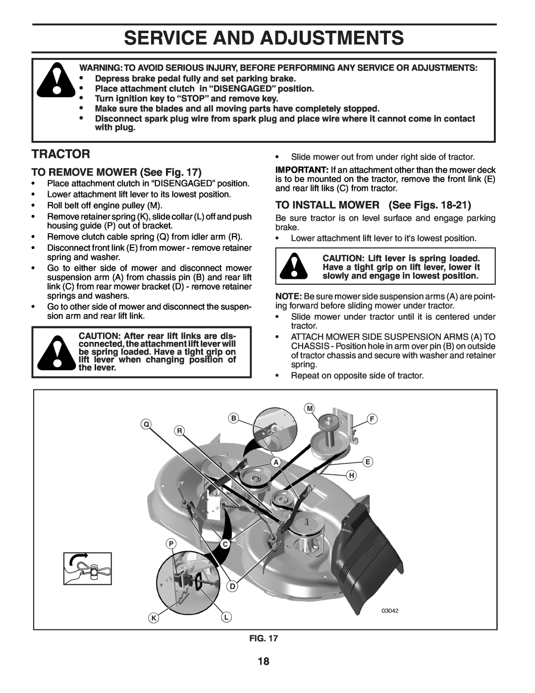 Poulan 403808 manual Service And Adjustments, TO REMOVE MOWER See Fig, TO INSTALL MOWER See Figs, Tractor 