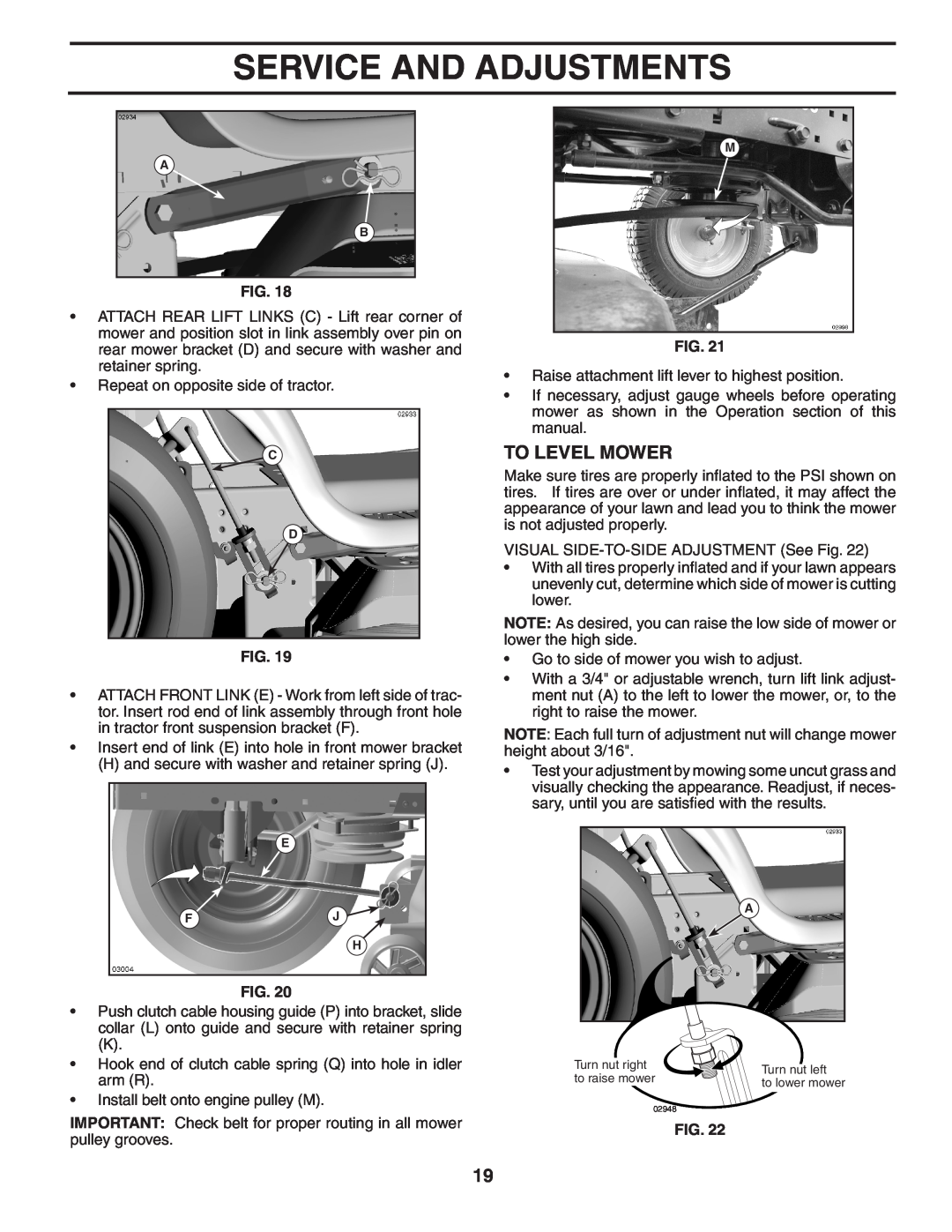 Poulan 403808 manual To Level Mower, Service And Adjustments, Turn nut right, Turn nut left, to raise mower 