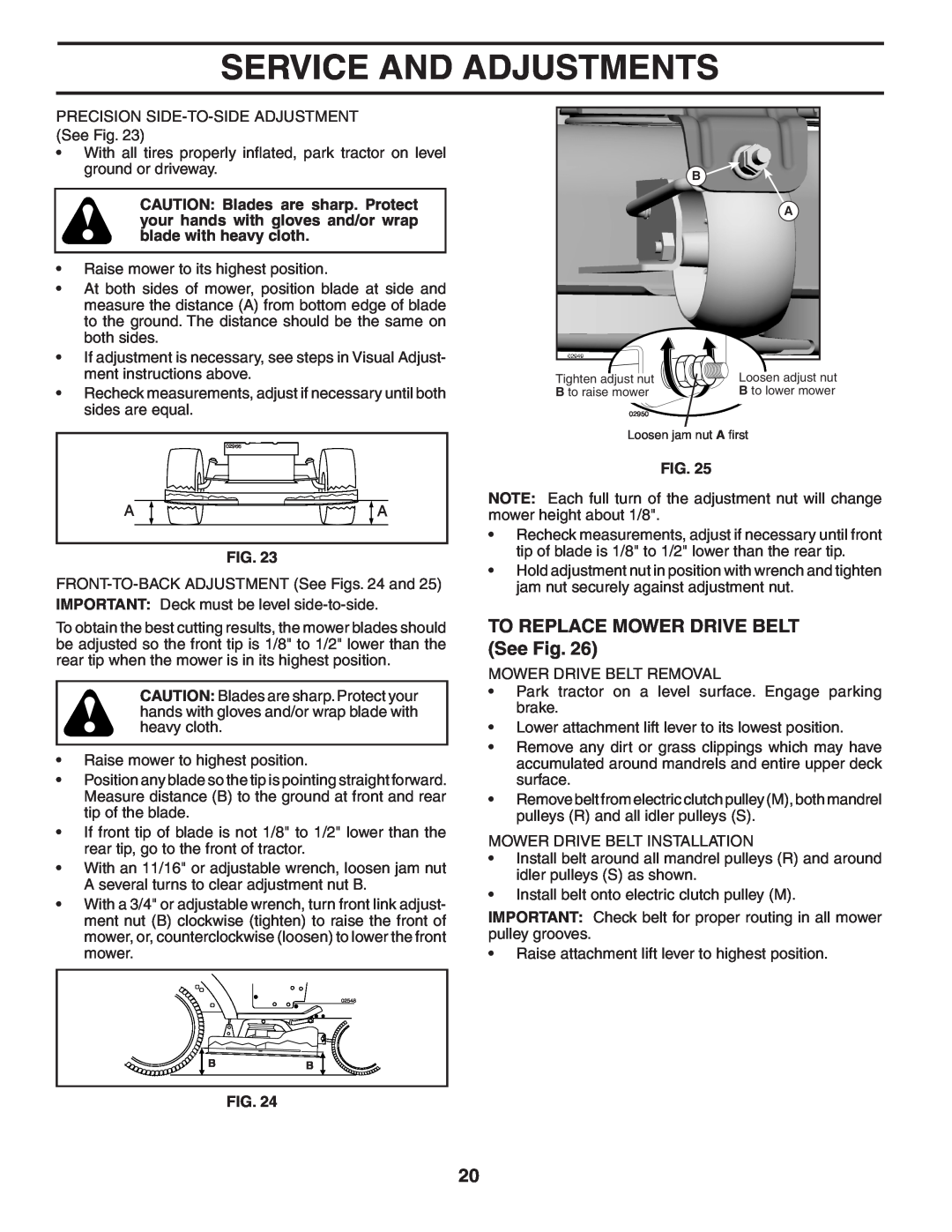 Poulan 403808 manual TO REPLACE MOWER DRIVE BELT See Fig, Service And Adjustments 