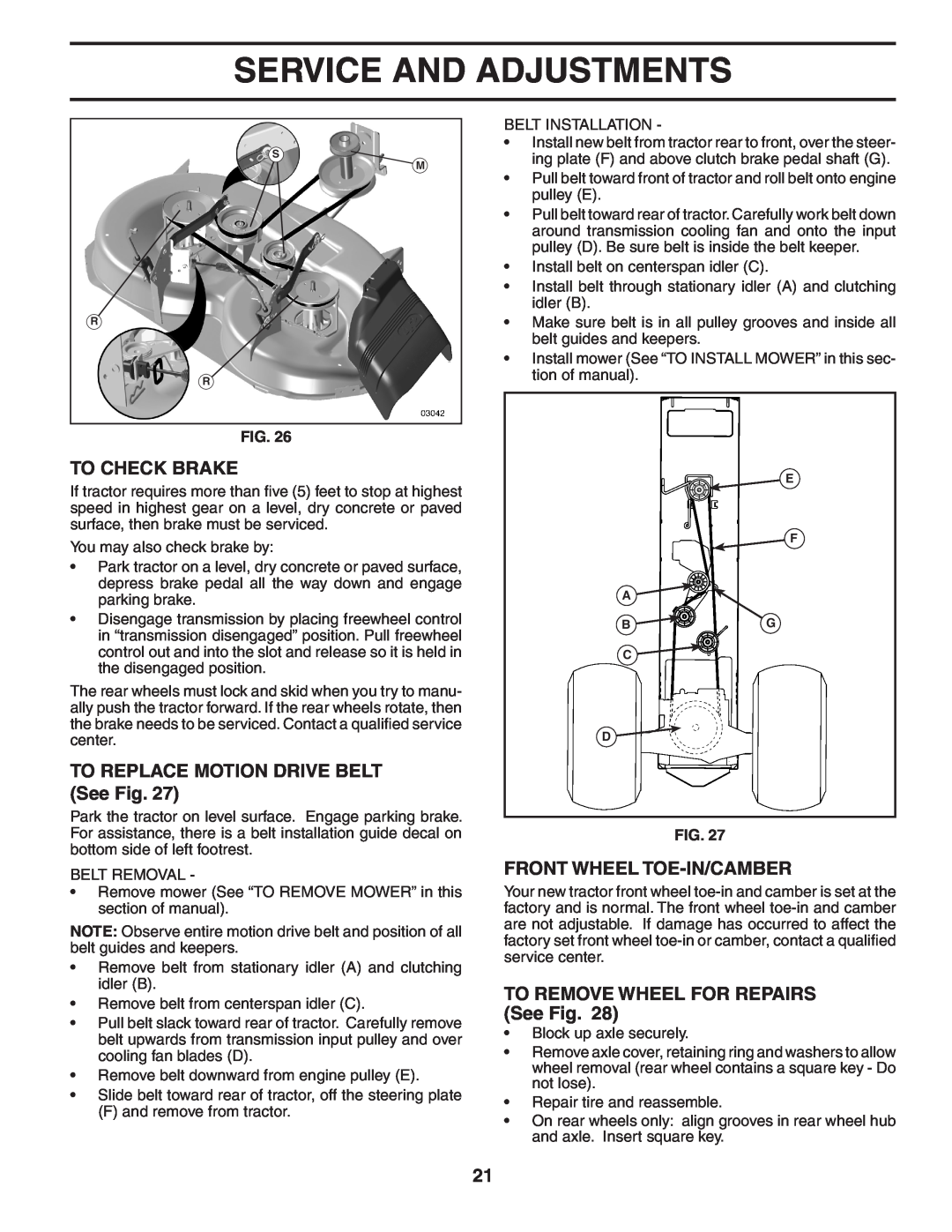 Poulan 403808 To Check Brake, TO REPLACE MOTION DRIVE BELT See Fig, Front Wheel Toe-In/Camber, Service And Adjustments 