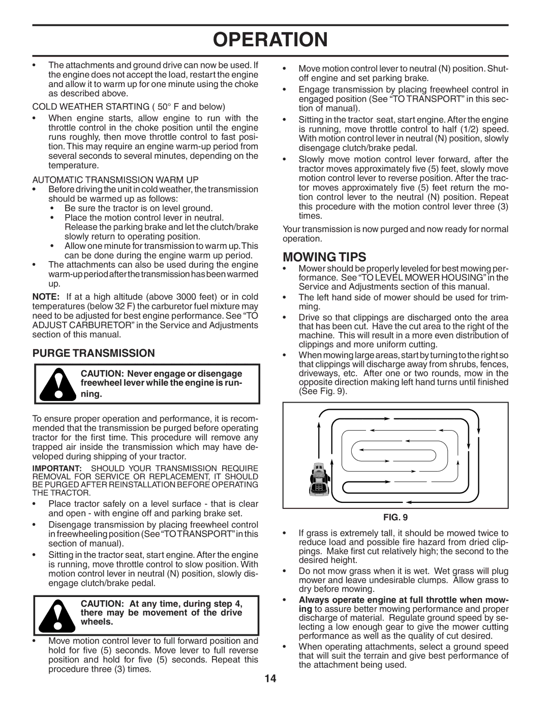 Poulan 404040, 96012005300 manual Mowing Tips, Purge Transmission, Automatic Transmission Warm UP 