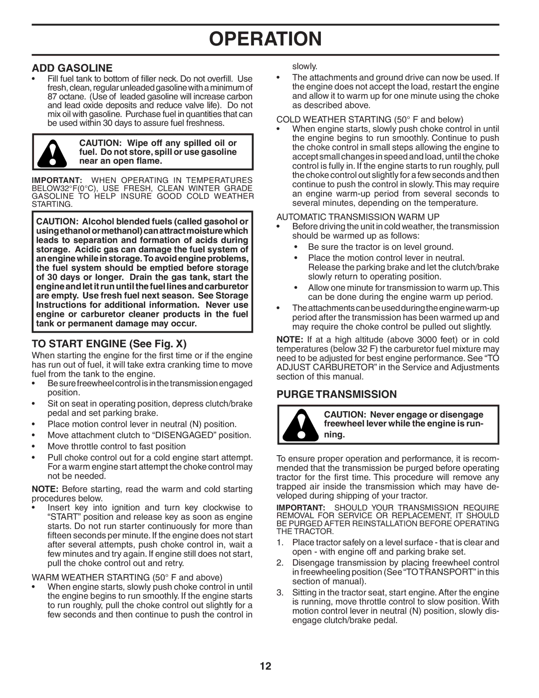 Poulan 404164, 96042002700 manual ADD Gasoline, To Start Engine See Fig, Purge Transmission, Automatic Transmission Warm UP 