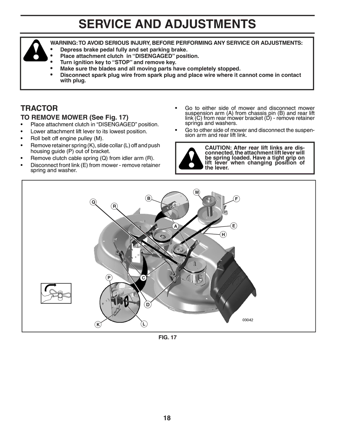 Poulan 404164, 96042002700 manual Service and Adjustments, To Remove Mower See Fig 