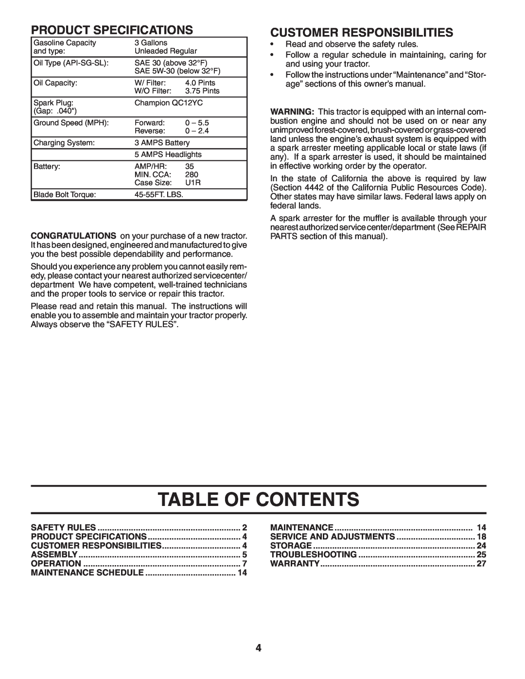 Poulan 404164, 96042002700 manual Table Of Contents, Product Specifications, Customer Responsibilities 