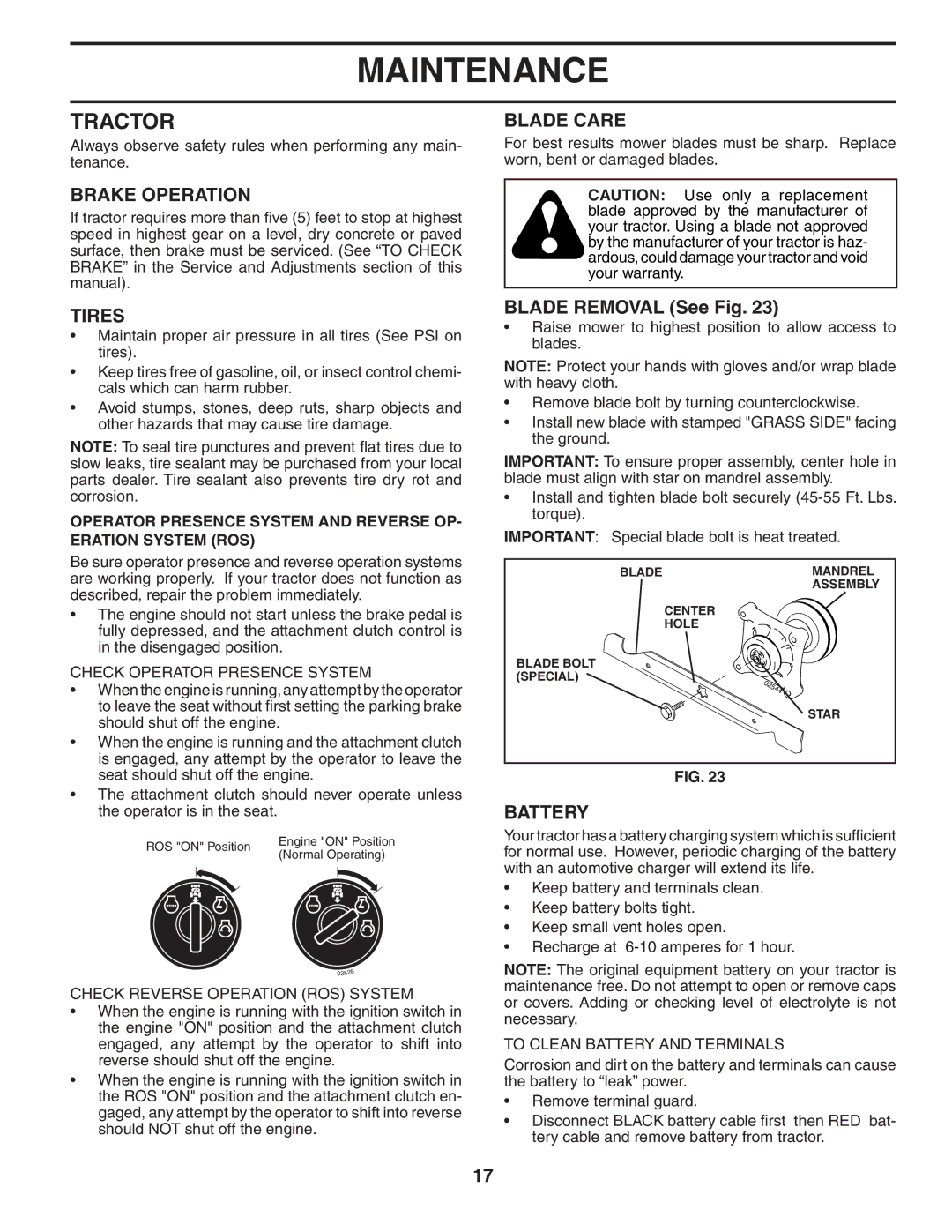 Poulan 96042002900, 404172 manual Tractor, Brake Operation, Tires, Blade Care, Battery 