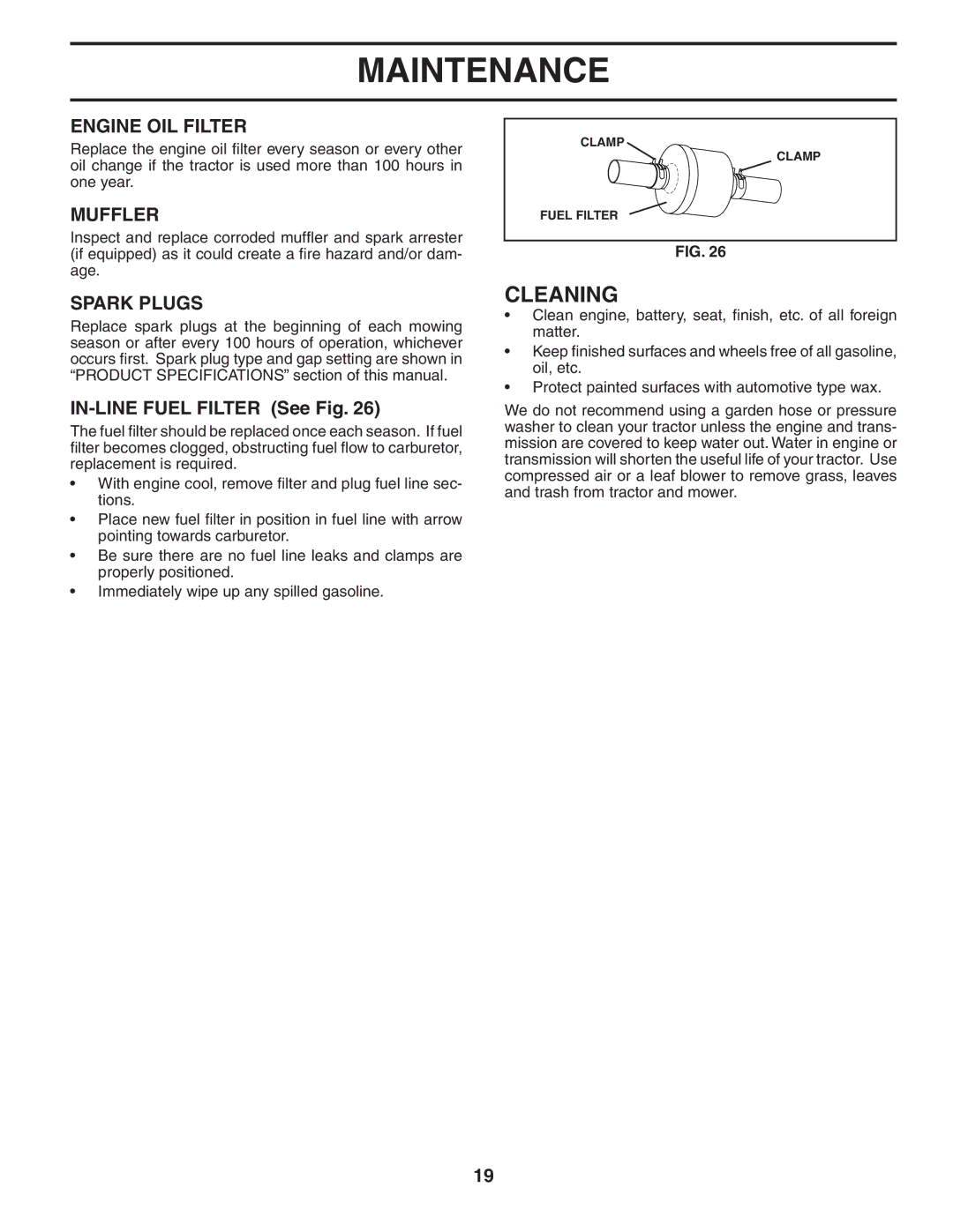 Poulan 96042002900, 404172 manual Cleaning, Engine OIL Filter, Muffler, Spark Plugs, IN-LINE Fuel Filter See Fig 