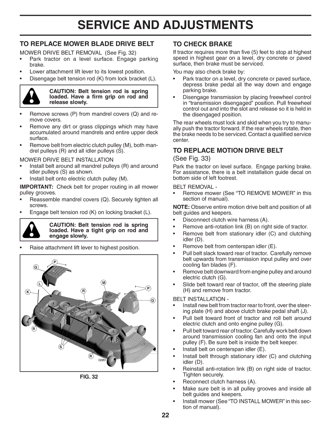 Poulan 404172, 96042002900 manual To Replace Mower Blade Drive Belt, To Check Brake, To Replace Motion Drive Belt 