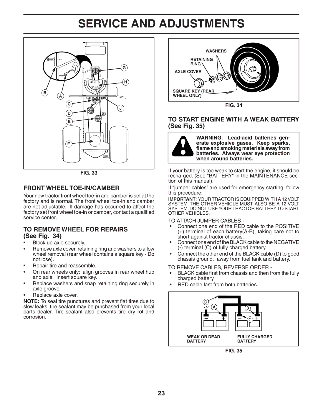 Poulan 96042002900, 404172 manual Front Wheel TOE-IN/CAMBER, To Remove Wheel for Repairs See Fig, To Attach Jumper Cables 