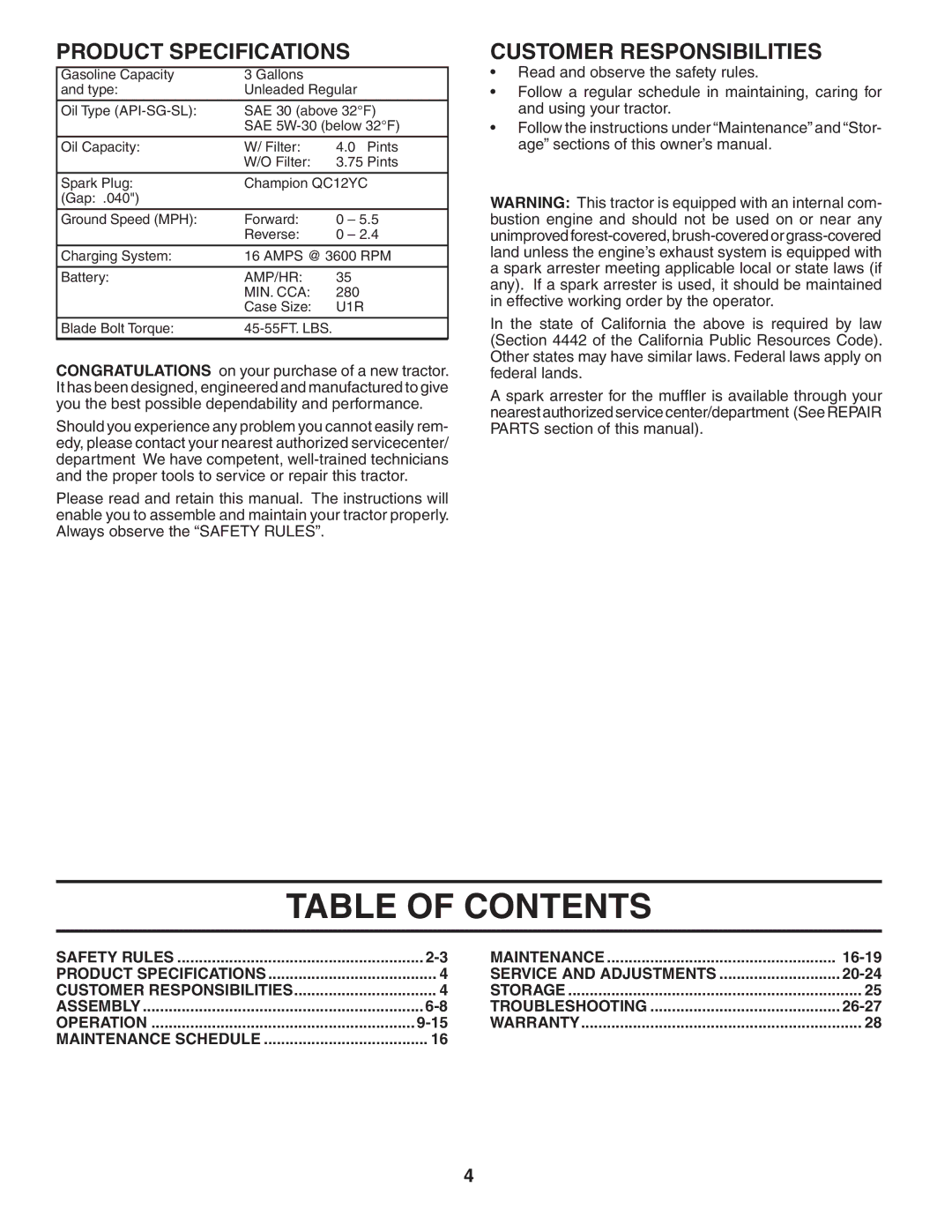 Poulan 404172, 96042002900 manual Table of Contents 