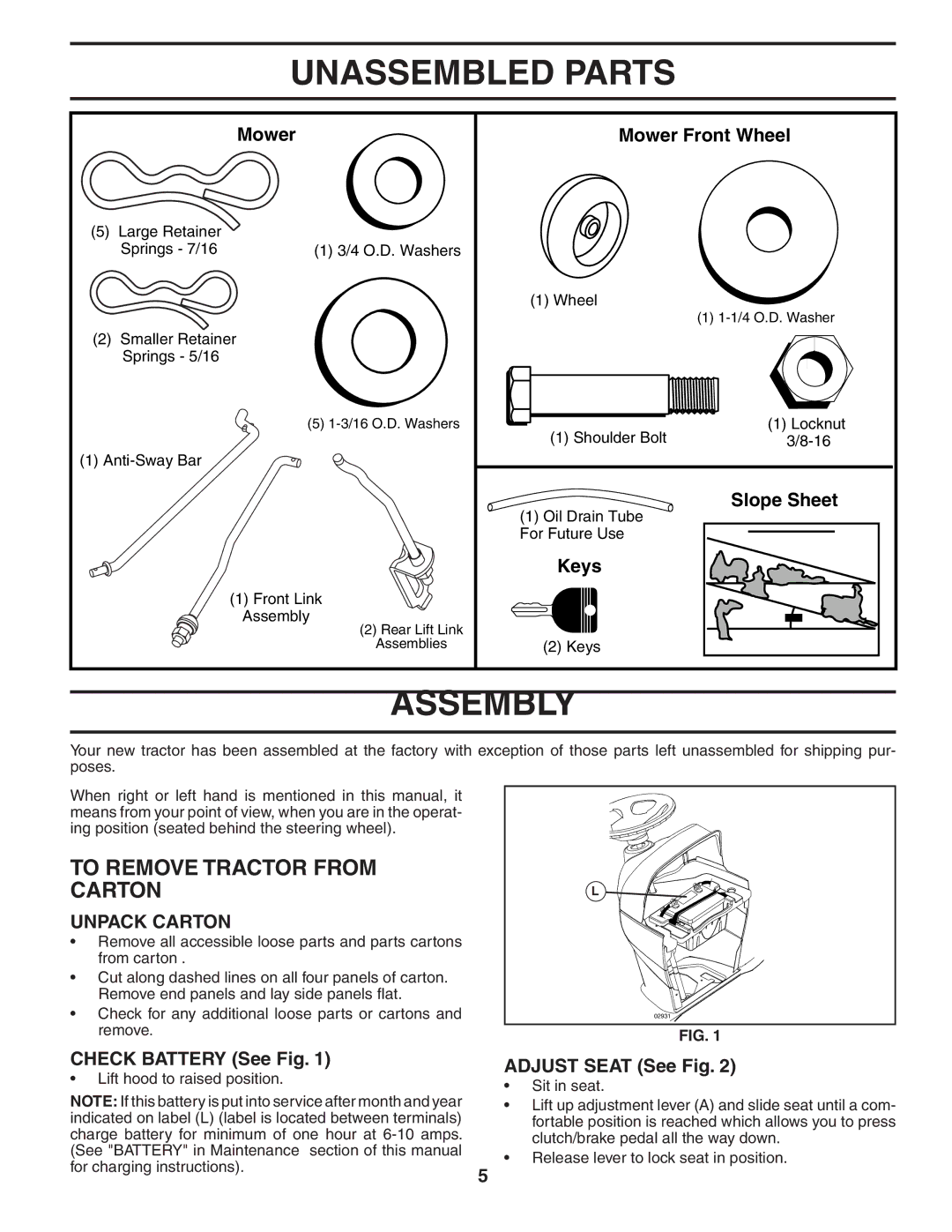 Poulan 96042002900, 404172 manual Unassembled Parts, Assembly, To Remove Tractor from Carton, Unpack Carton 