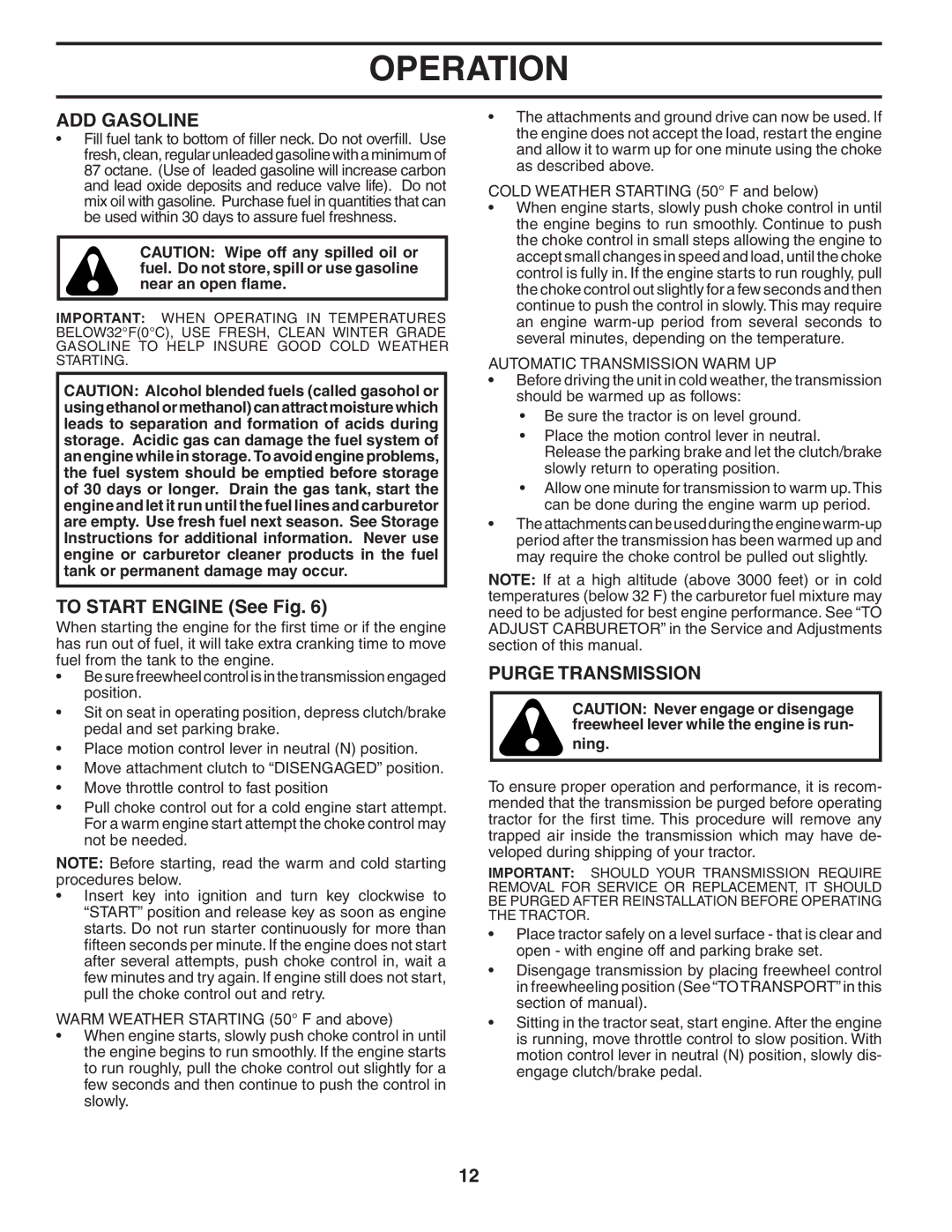 Poulan 404378, XT22H42YT manual ADD Gasoline, To Start Engine See Fig, Purge Transmission, Automatic Transmission Warm UP 