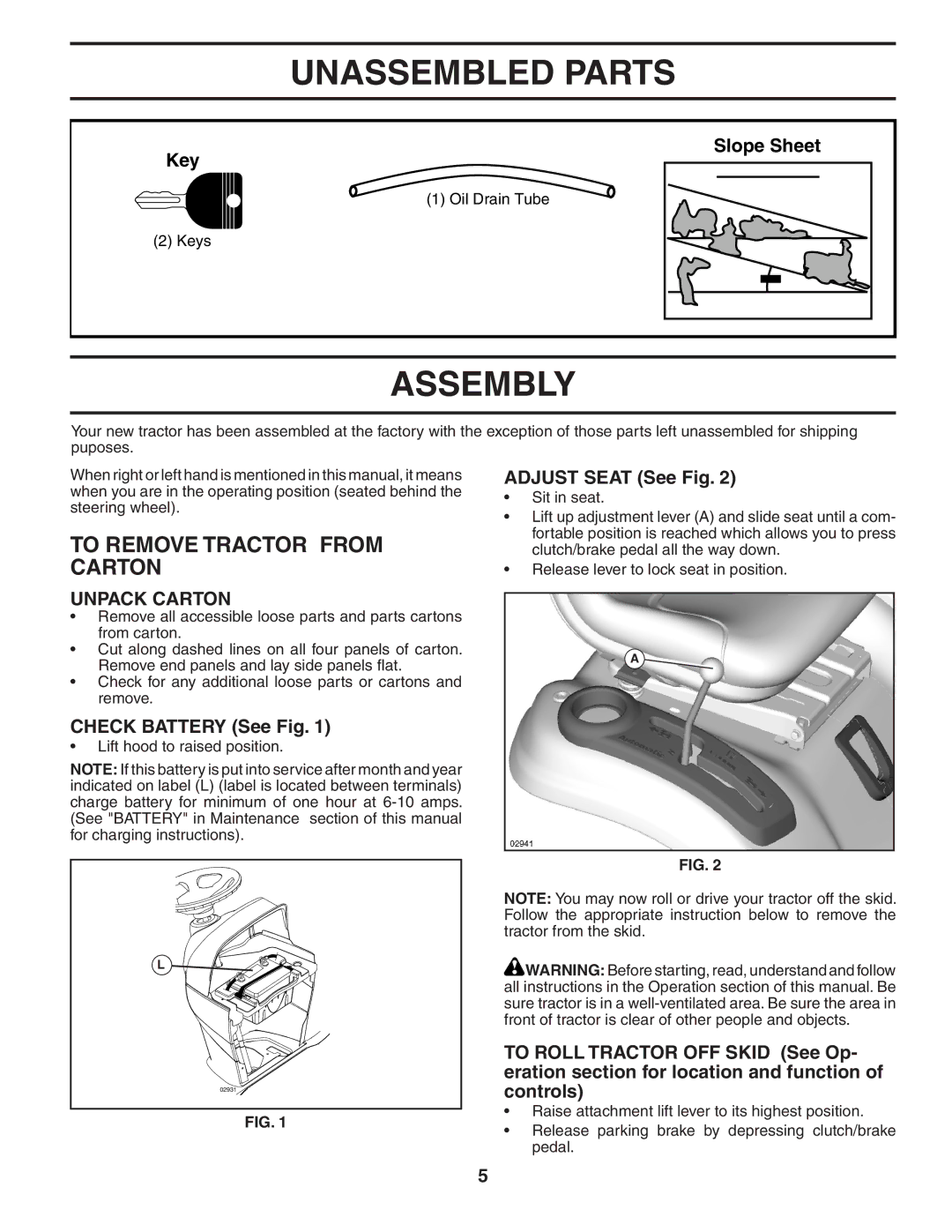 Poulan XT22H42YT, 404378 manual Unassembled Parts, Assembly, To Remove Tractor from Carton, Unpack Carton 