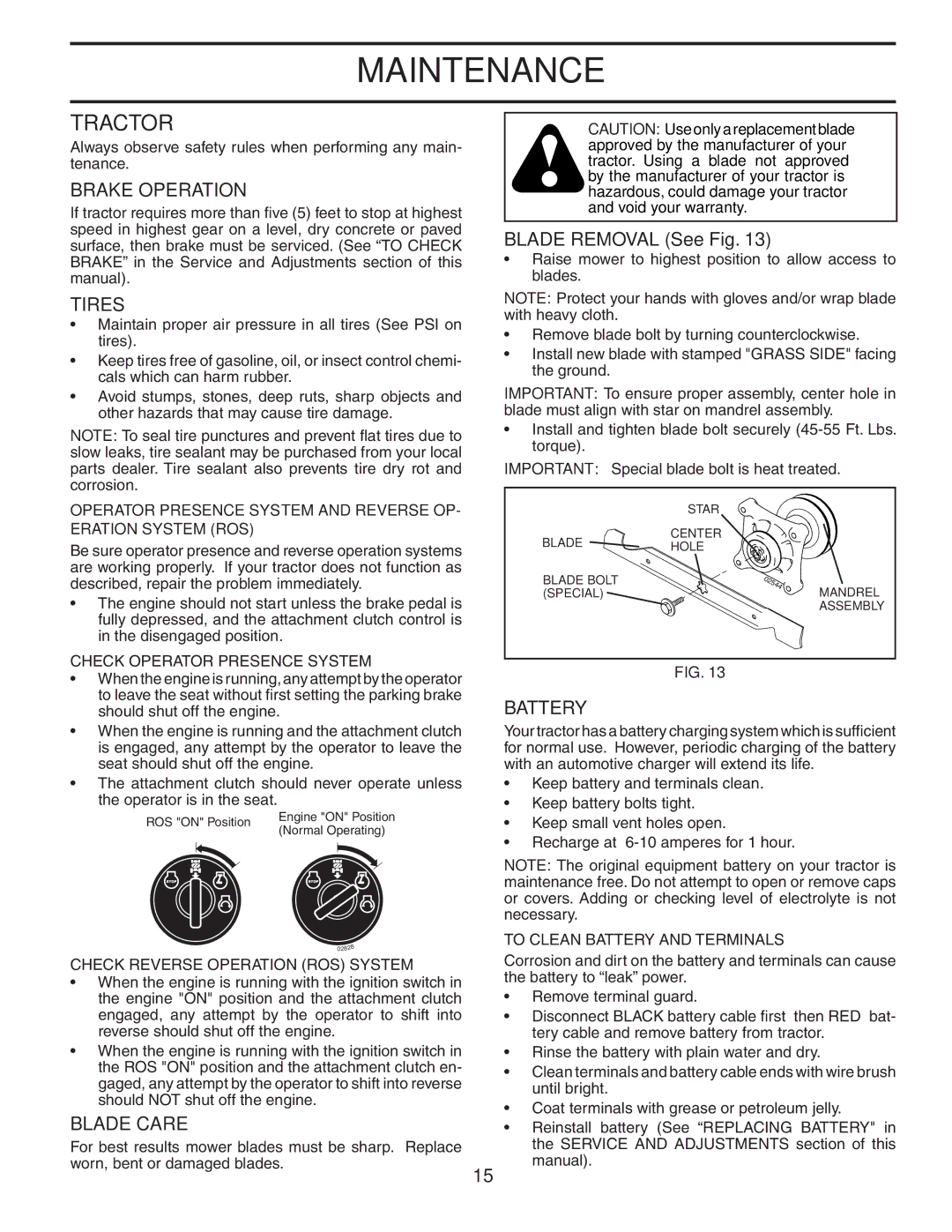 Poulan 960420022, 404402 manual Tractor, Brake Operation, Tires, Blade Care, Battery 