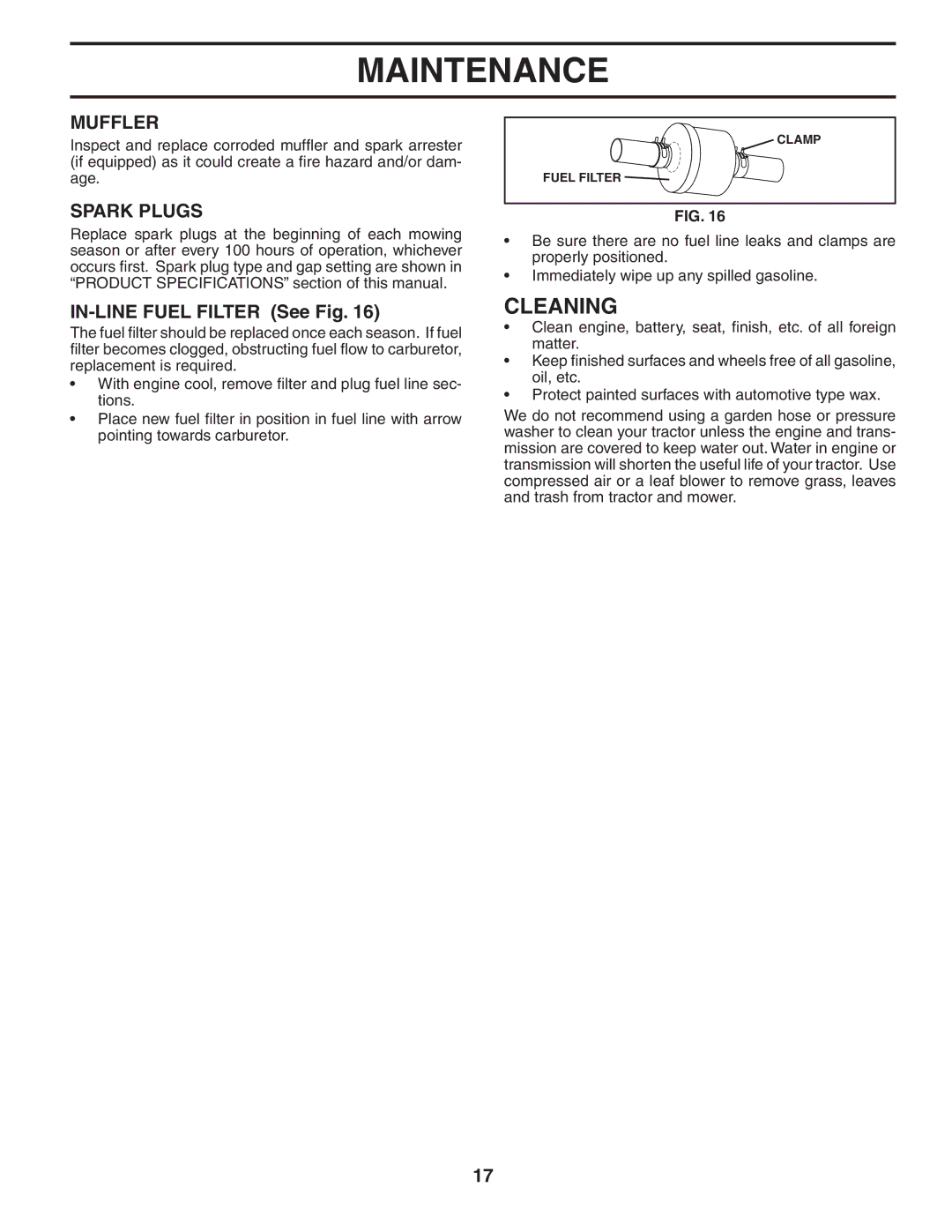 Poulan 960420022, 404402 manual Cleaning, Muffler, Spark Plugs, IN-LINE Fuel Filter See Fig 