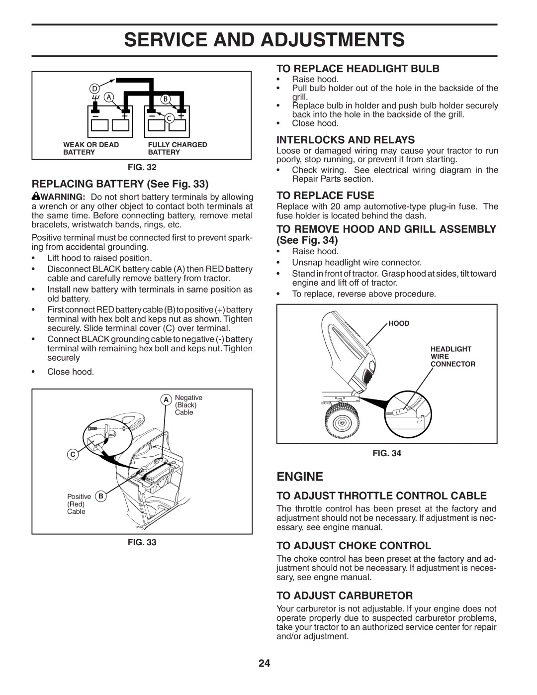 Poulan 404402 manual To Replace Headlight Bulb, Interlocks and Relays, To Replace Fuse, To Adjust Throttle Control Cable 