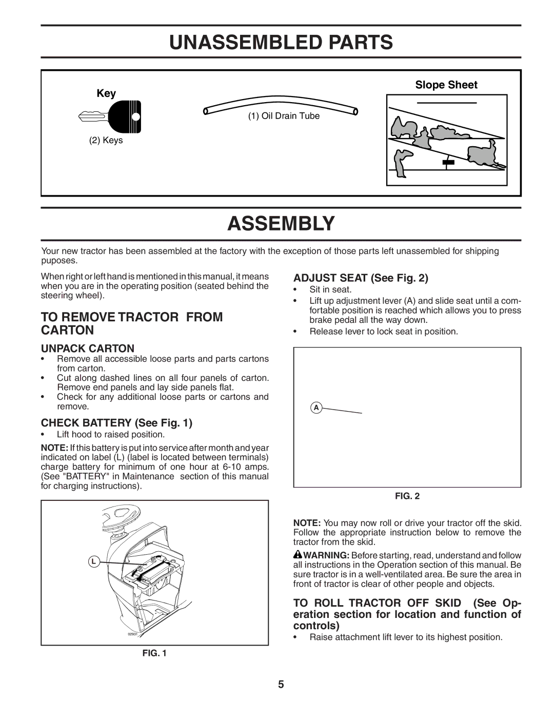 Poulan 960420022, 404402 manual Unassembled Parts, Assembly, To Remove Tractor from Carton, Unpack Carton 