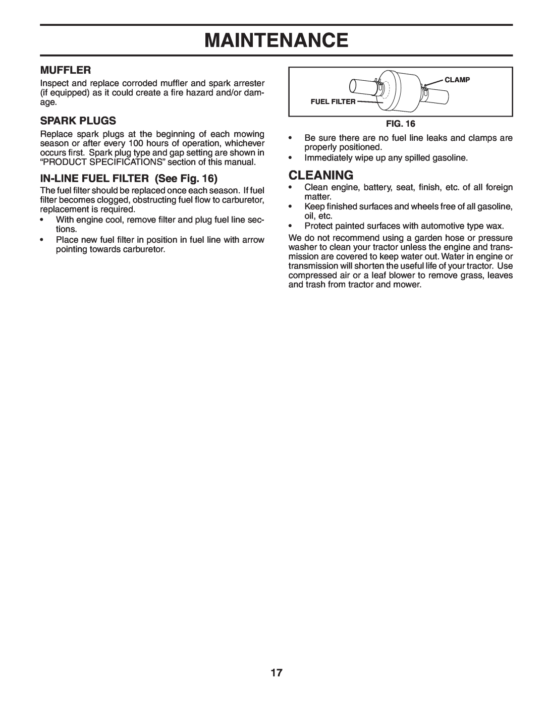 Poulan 960420022, 404402 manual Cleaning, Muffler, Spark Plugs, IN-LINEFUEL FILTER See Fig, Maintenance 