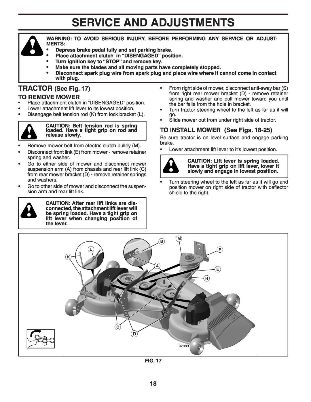 Poulan 404402, 960420022 manual Service And Adjustments, TRACTOR See Fig. TO REMOVE MOWER, TO INSTALL MOWER See Figs 