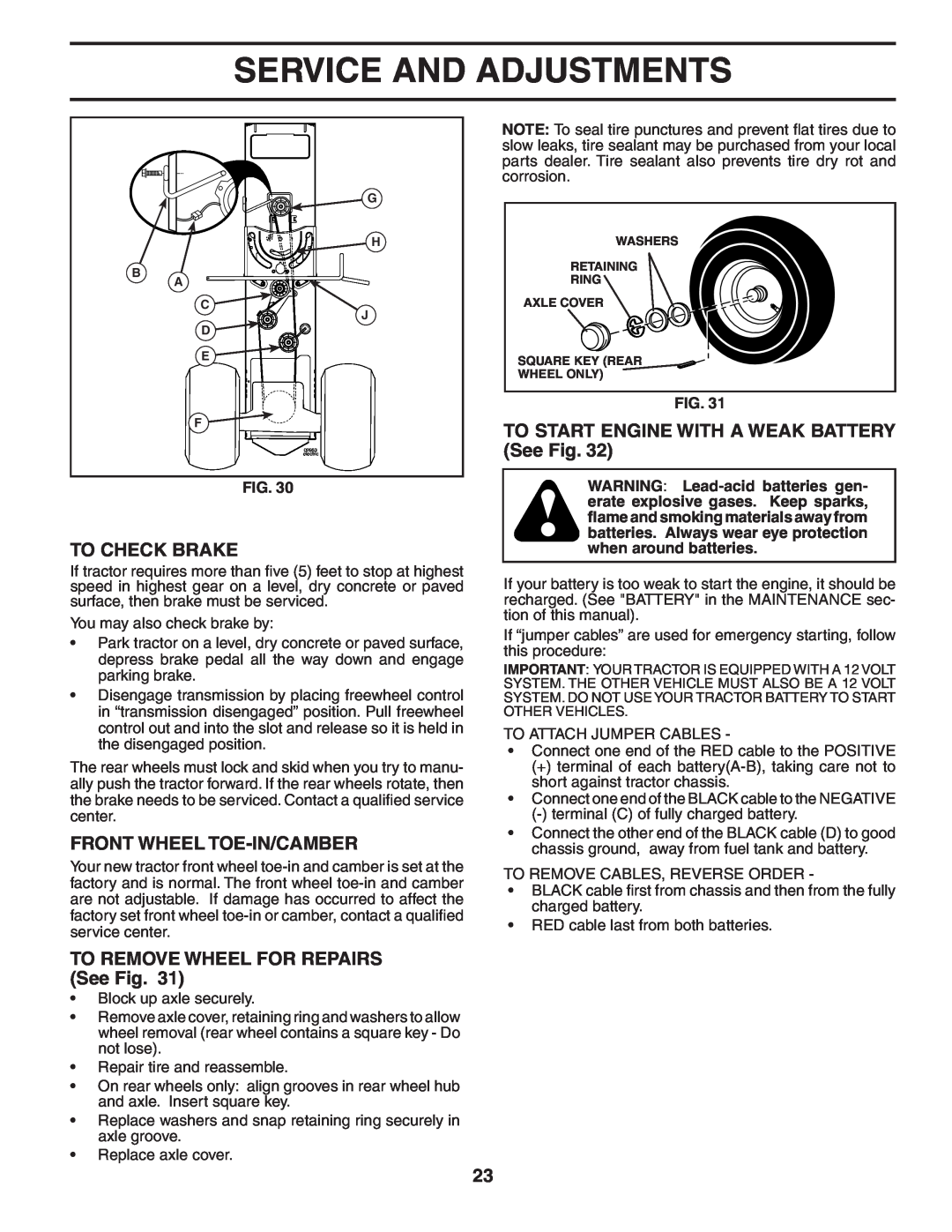 Poulan 960420022 To Check Brake, Front Wheel Toe-In/Camber, TO REMOVE WHEEL FOR REPAIRS See Fig, Service And Adjustments 