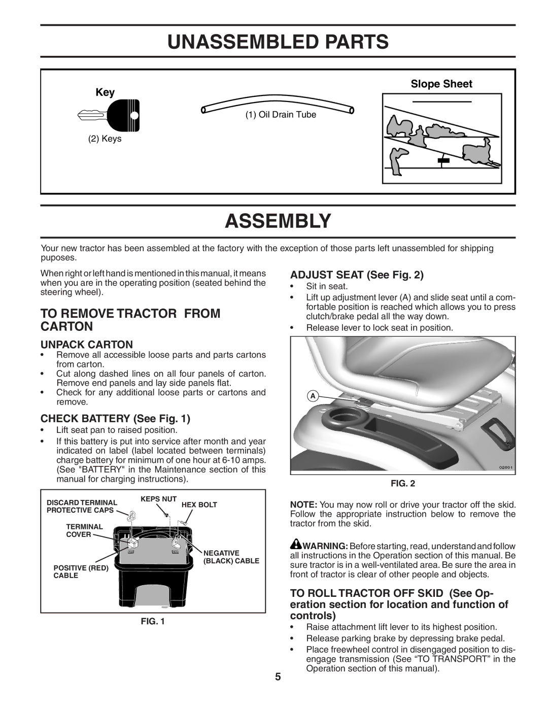 Poulan 404630 manual Unassembled Parts, Assembly, To Remove Tractor from Carton, Unpack Carton 