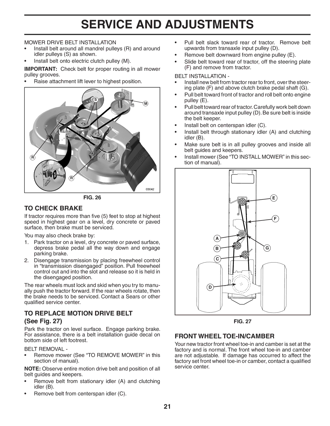 Poulan 96042000801, 404655 manual To Check Brake, To Replace Motion Drive Belt See Fig, Front Wheel TOE-IN/CAMBER 