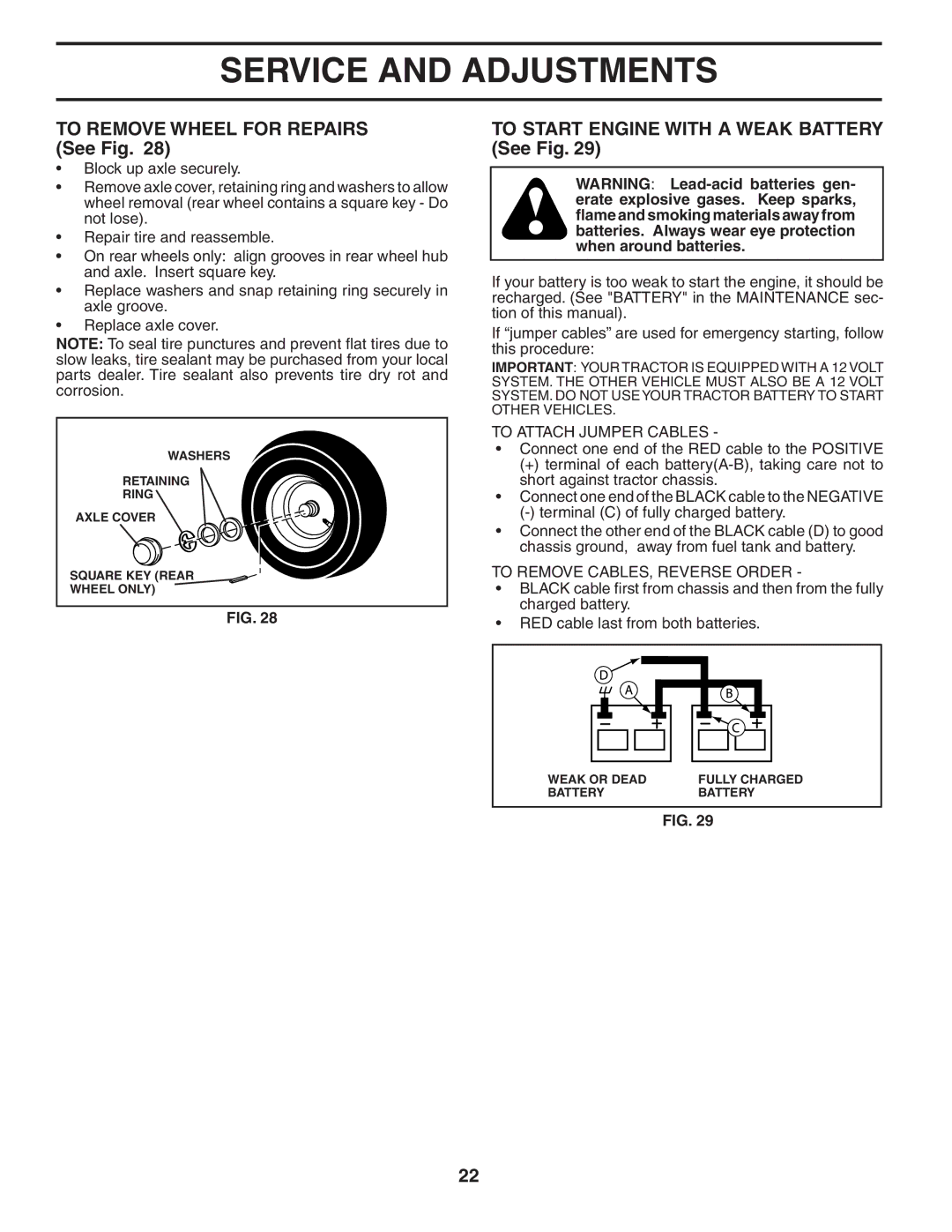 Poulan 404655 To Remove Wheel for Repairs See Fig, To Start Engine with a Weak Battery See Fig, To Attach Jumper Cables 