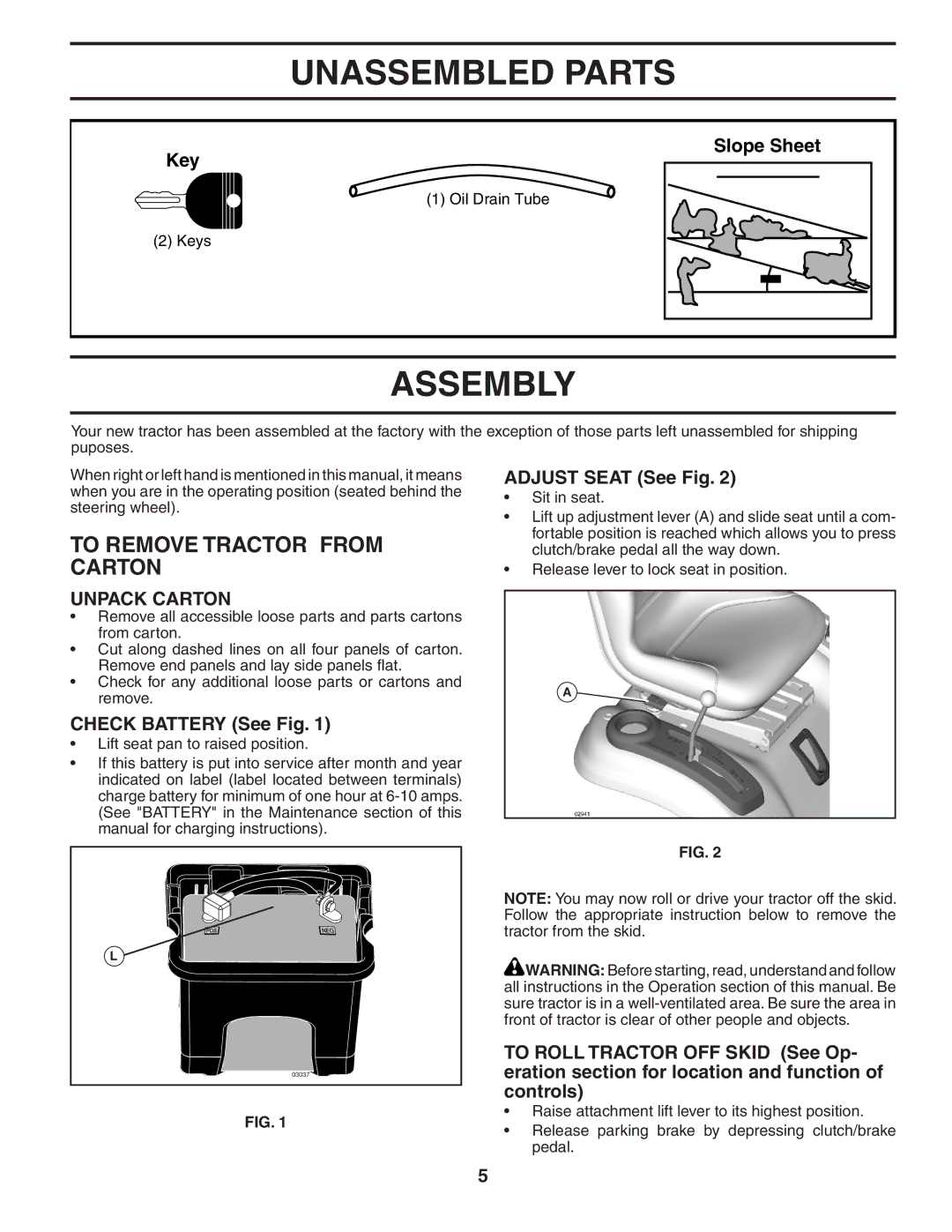 Poulan 96042000801, 404655 manual Unassembled Parts, Assembly, To Remove Tractor from Carton, Unpack Carton 