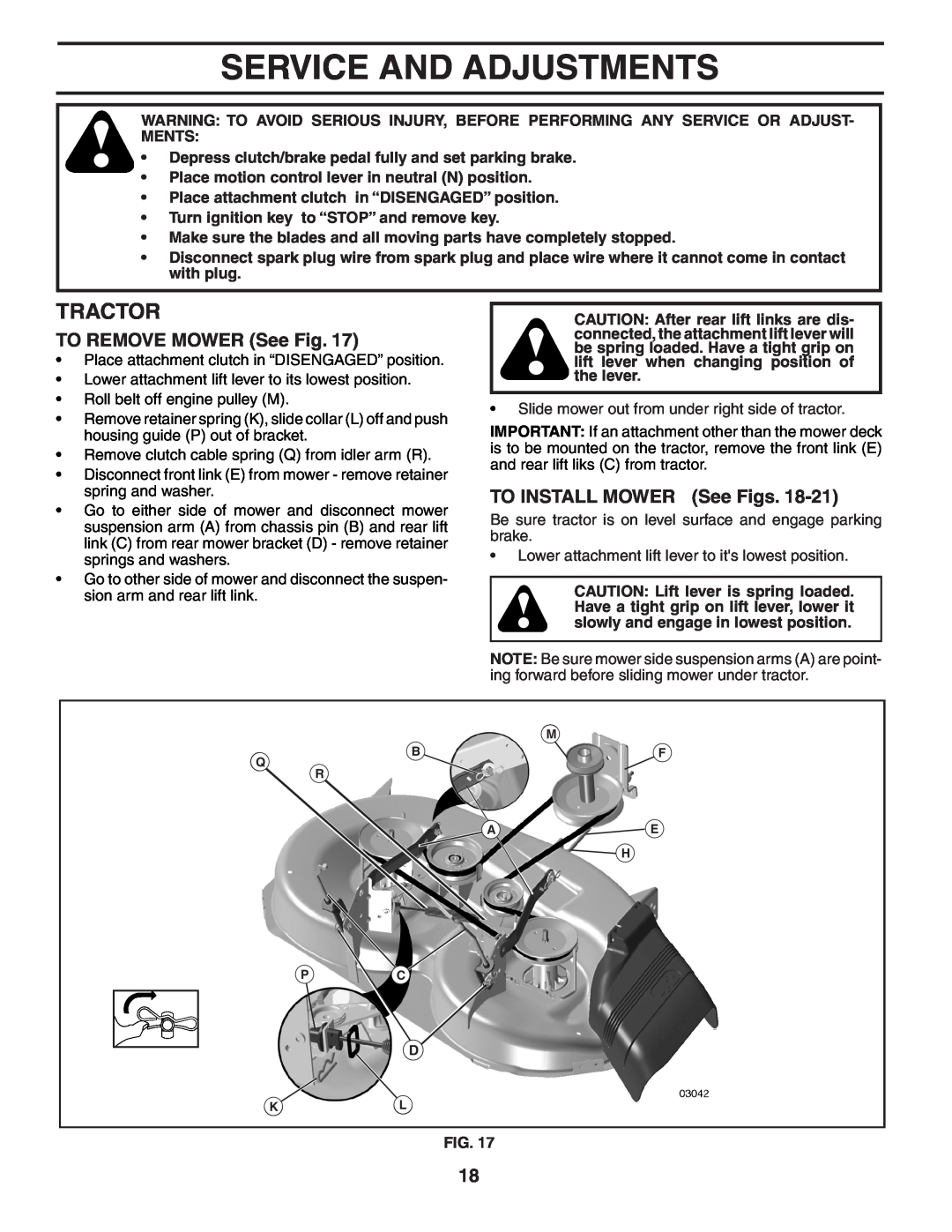 Poulan 404655, 96042000801 manual Service And Adjustments, TO REMOVE MOWER See Fig, TO INSTALL MOWER See Figs, Tractor 