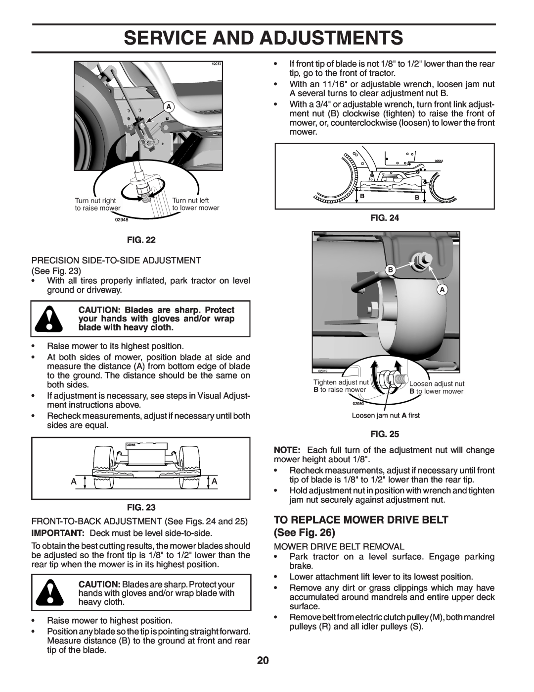 Poulan 404655, 96042000801 manual TO REPLACE MOWER DRIVE BELT See Fig, Service And Adjustments 