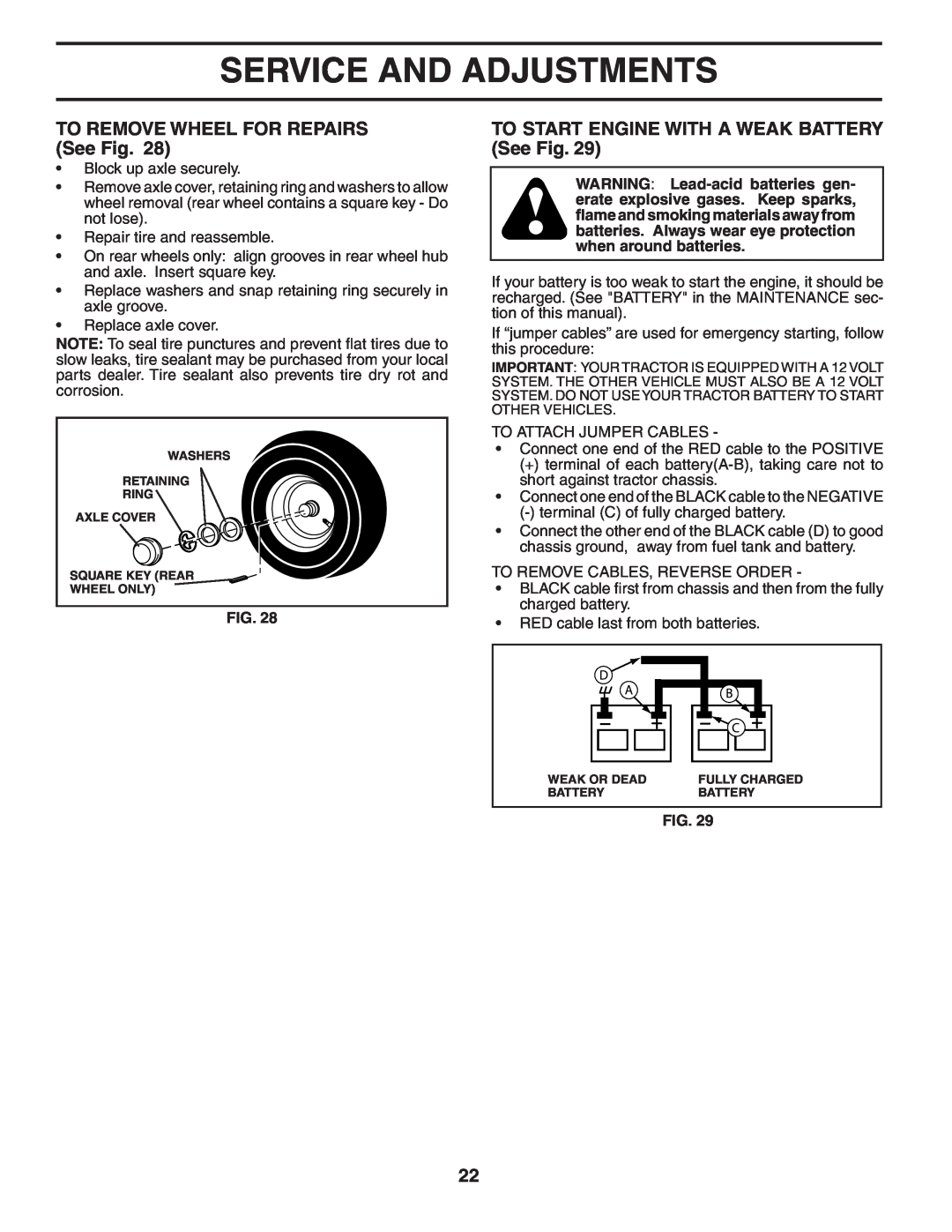 Poulan 404655 TO REMOVE WHEEL FOR REPAIRS See Fig, TO START ENGINE WITH A WEAK BATTERY See Fig, Service And Adjustments 