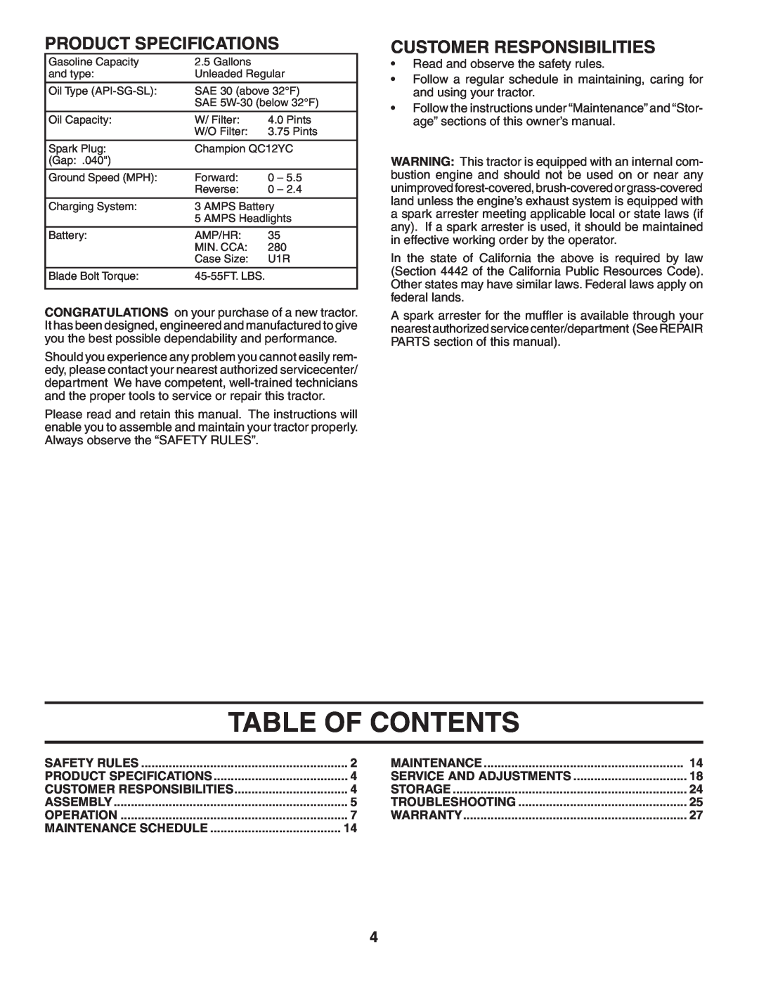 Poulan 404655, 96042000801 manual Table Of Contents, Product Specifications, Customer Responsibilities 