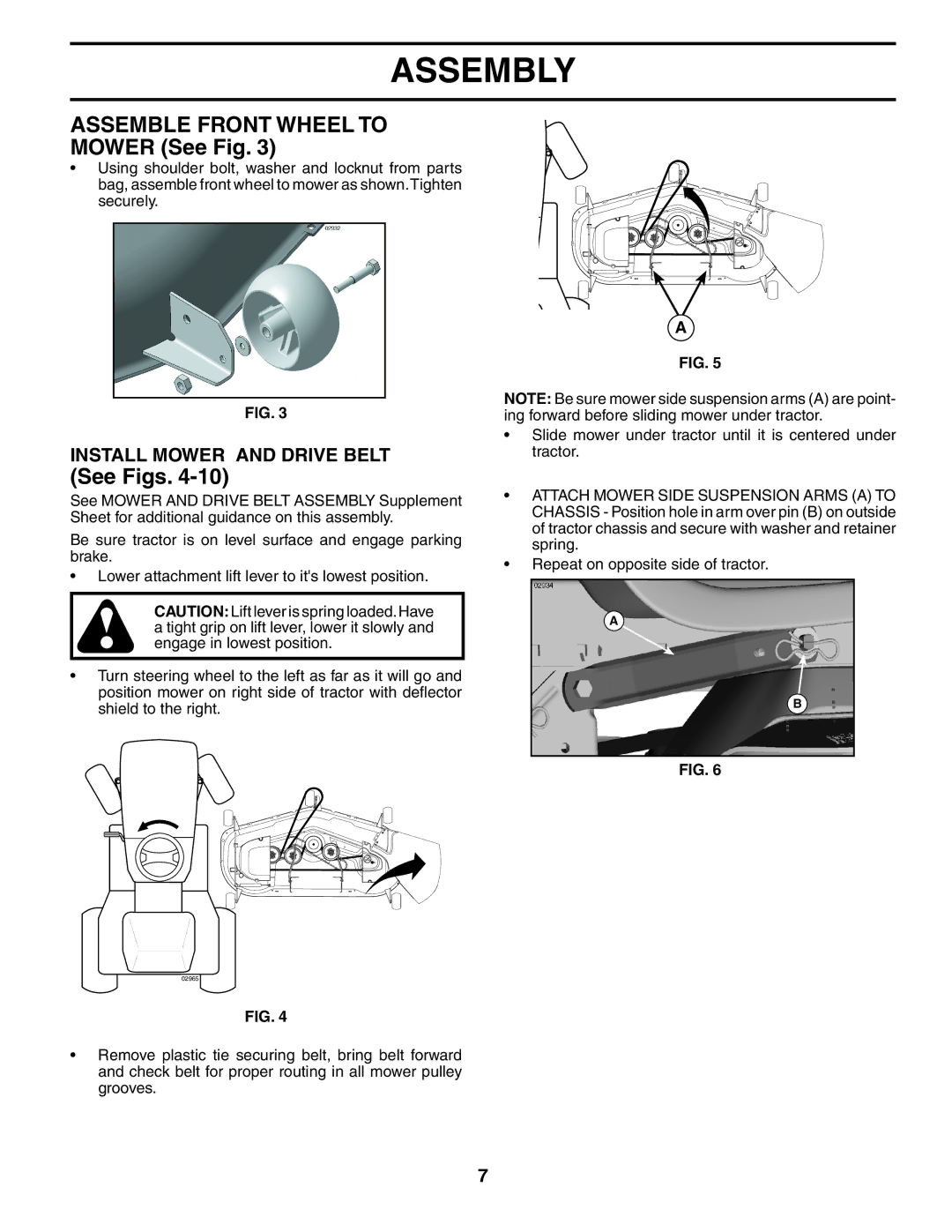 Poulan 404973 manual Assemble Front Wheel to Mower See Fig, Install Mower and Drive Belt 