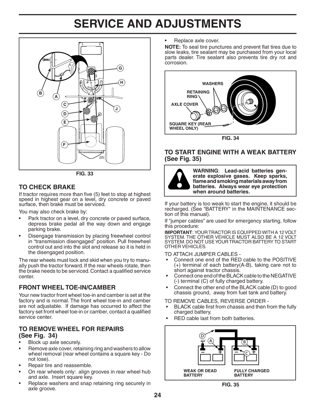 Poulan 405035 Front Wheel TOE-IN/CAMBER, To Remove Wheel for Repairs See Fig, To Start Engine with a Weak Battery See Fig 