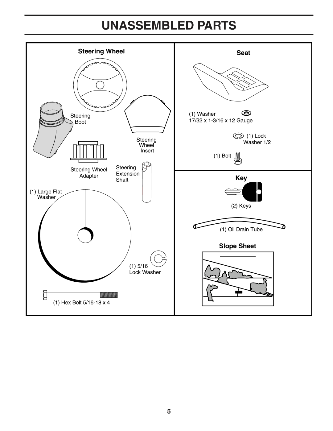 Poulan 405327 manual Unassembled Parts, Steering Wheel Seat, Slope Sheet 