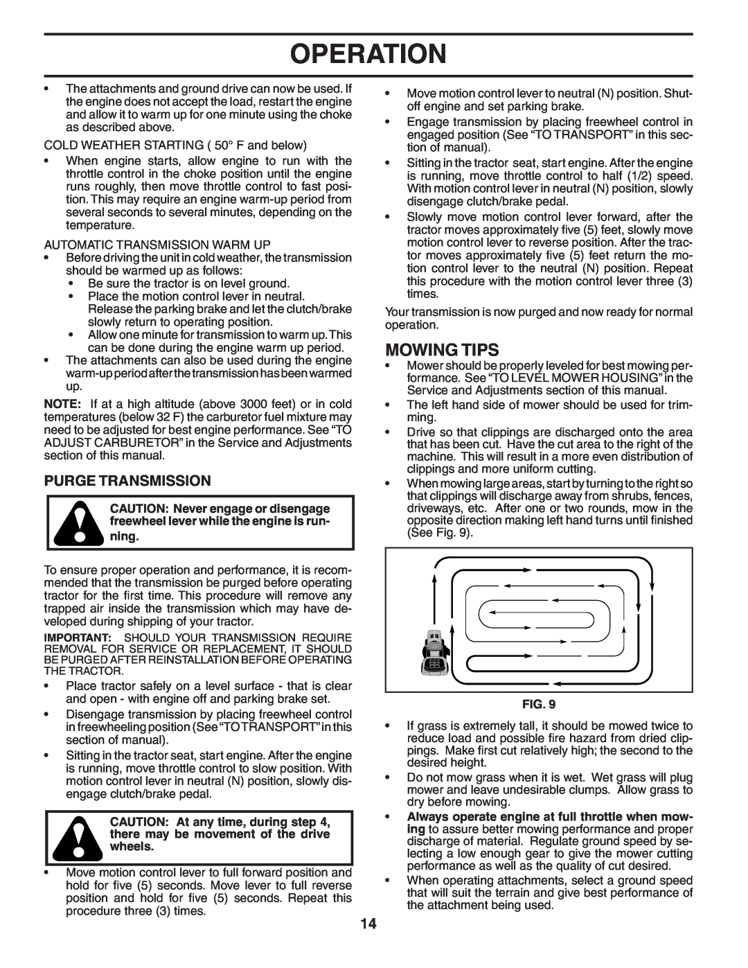Poulan 405327 manual Mowing Tips, Purge Transmission, Operation 