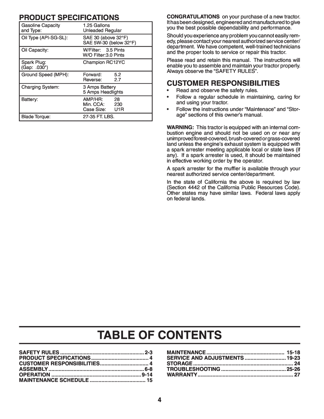 Poulan 405327 manual Table Of Contents, Product Specifications, Customer Responsibilities 