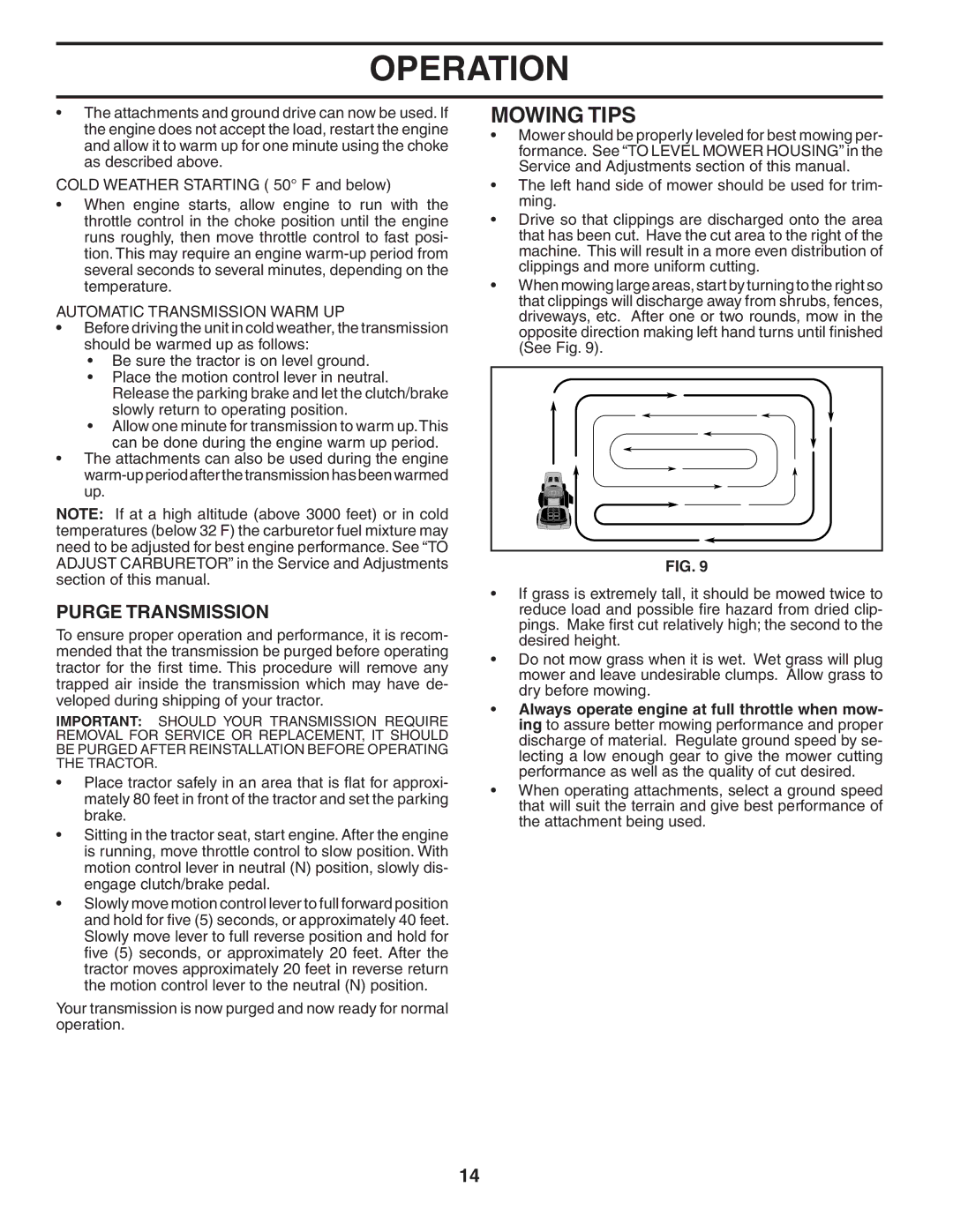 Poulan 405385 manual Mowing Tips, Purge Transmission, Automatic Transmission Warm UP 